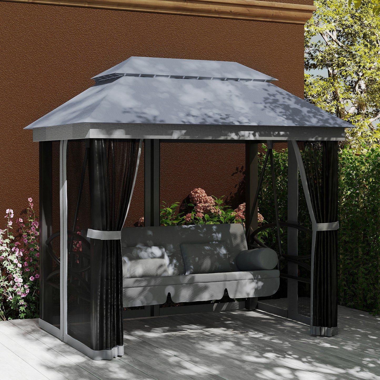 Outsunny 3 In 1 Seater Swing Chair Gazebo Lounger With Cushioned Seat And Waterproof Canopy Grey