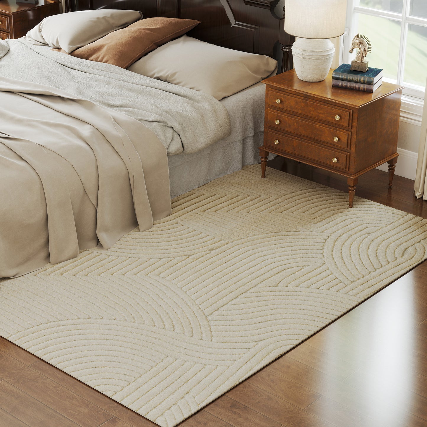 HOMCOM Modern Geometric Rug Thick Plush 15mm Foam Padding Non Slip Backing 230 x 160 Cm Cream Living Room Bedroom
