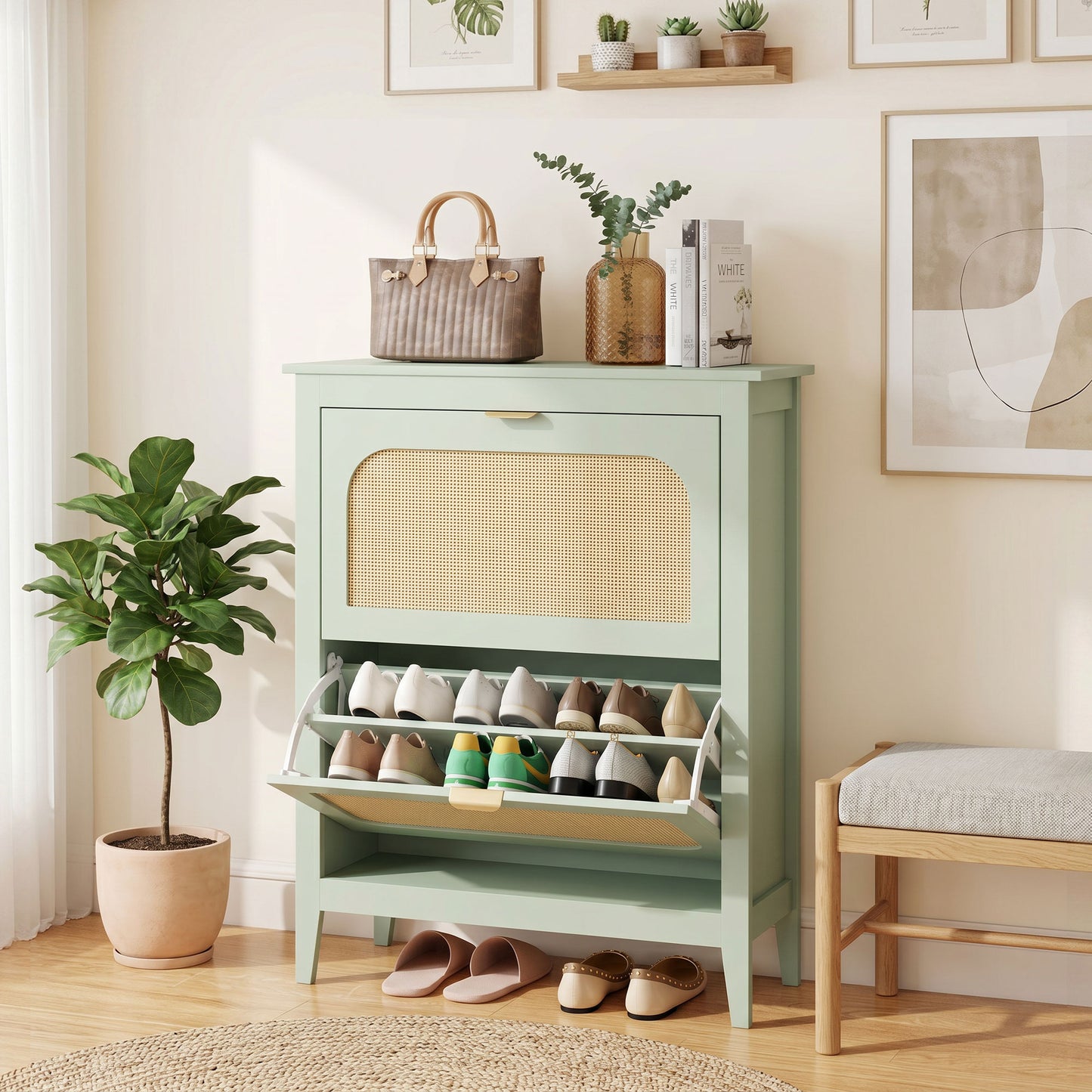 HOMCOM Narrow Boho Shoe Cabinet With 2 Flip Drawers Holds 14 Pairs In Light Green Finish