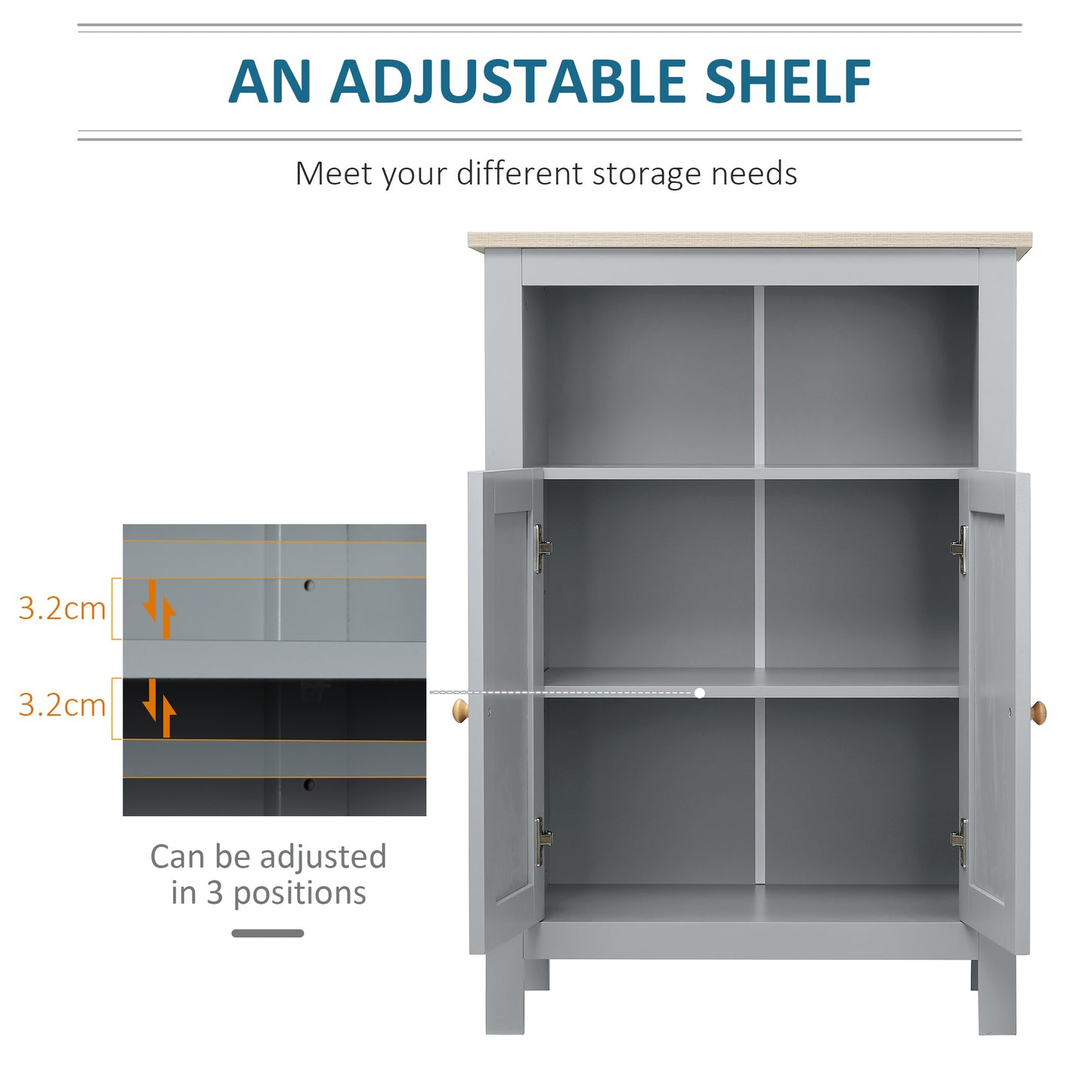 Kleankin Grey Bathroom Floor Cabinet Free Standing Cupboard With Double Doors And Adjustable Shelf