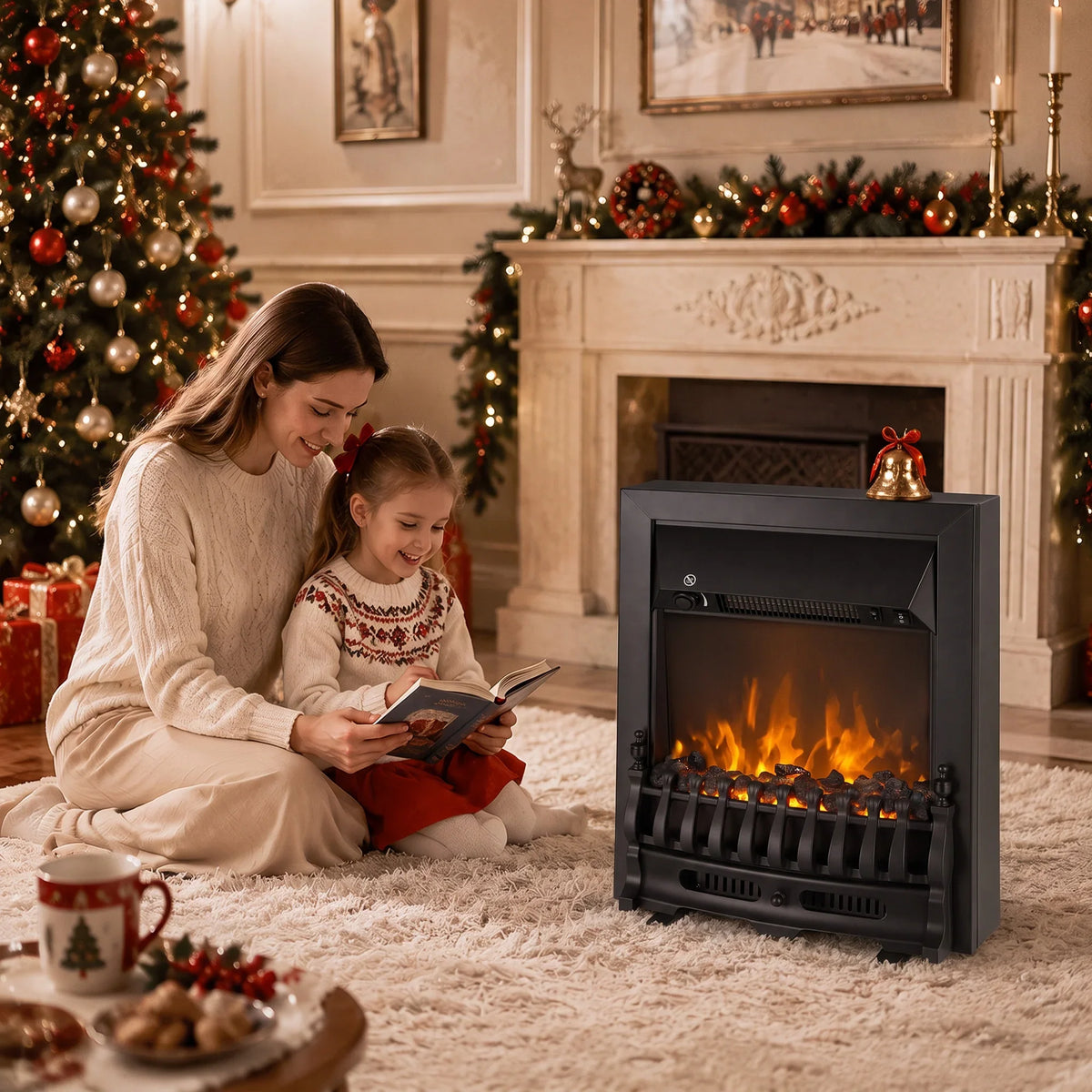 Electric fireplace stove with LED flame effect near holiday decor and presents