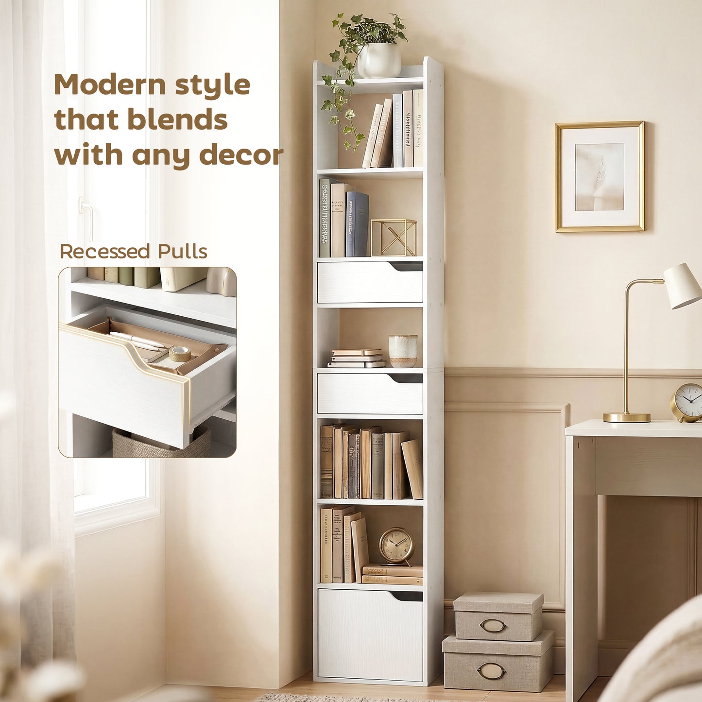 HOMCOM Tall Narrow Bookcase With 5 Tiers And Drawers Freestanding White Wood Effect Living Room Storage Cabinet