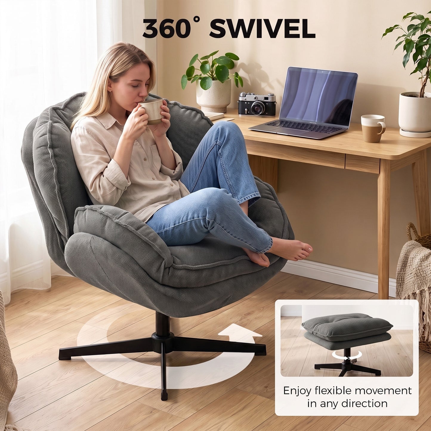 Homcom Grey Swivel Armchair With Adjustable Footstool And Plush Cloud Seat