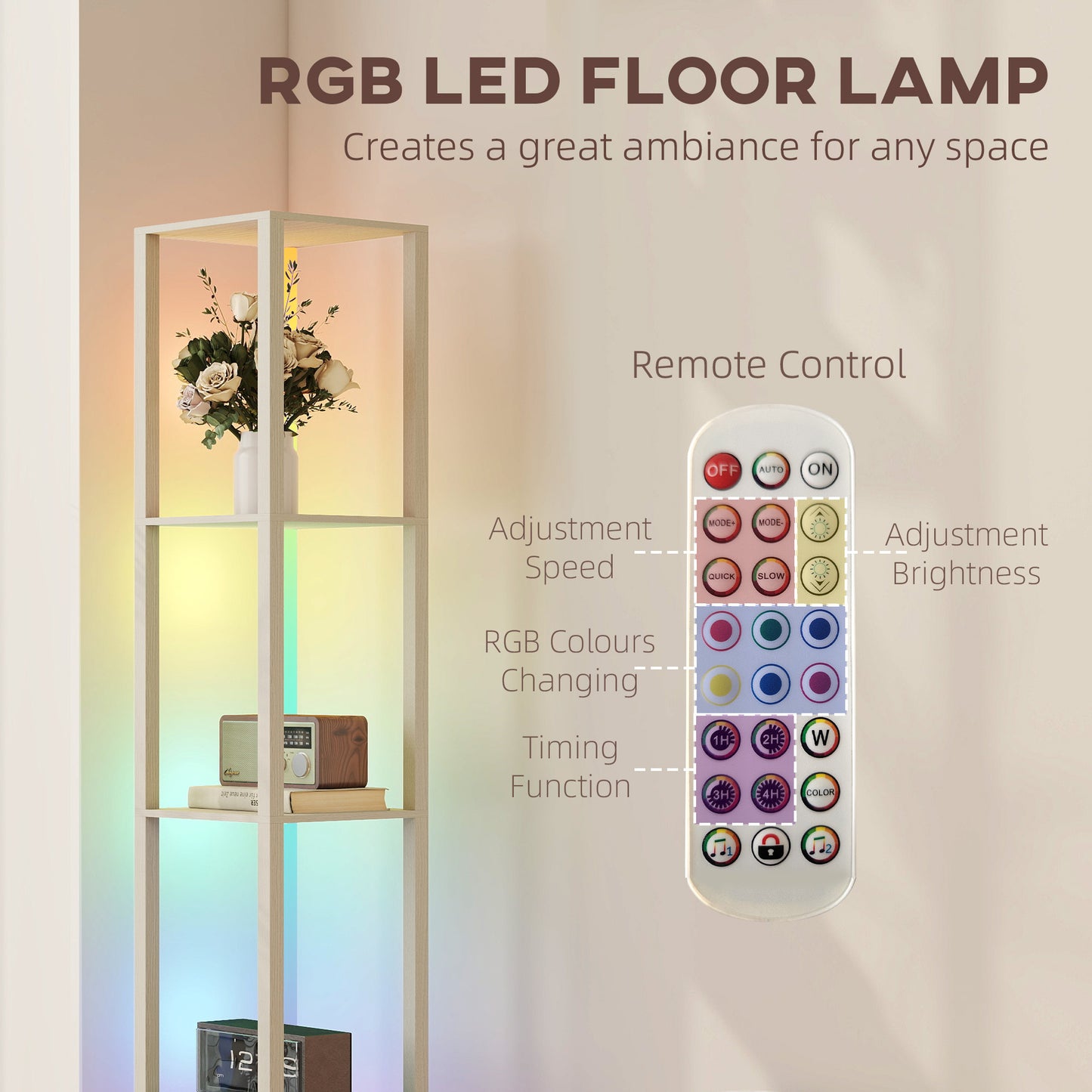 HOMCOM RGB LED Floor Lamp With Shelves Oak Dimmable Standing Lamp With Remote Control