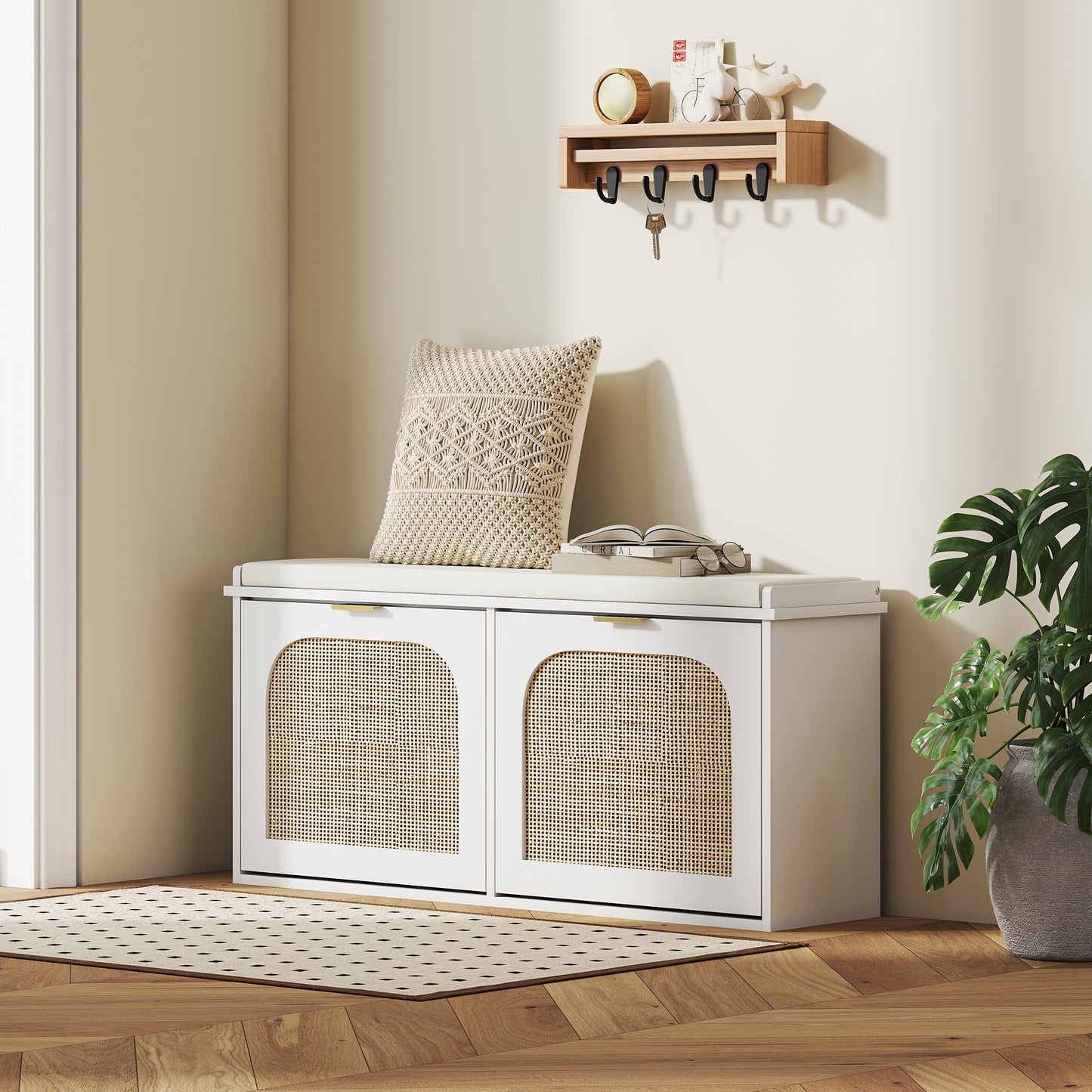 HOMCOM Boho Shoe Bench With Padded Seat And Two Flip Drawers White Entryway Organizer