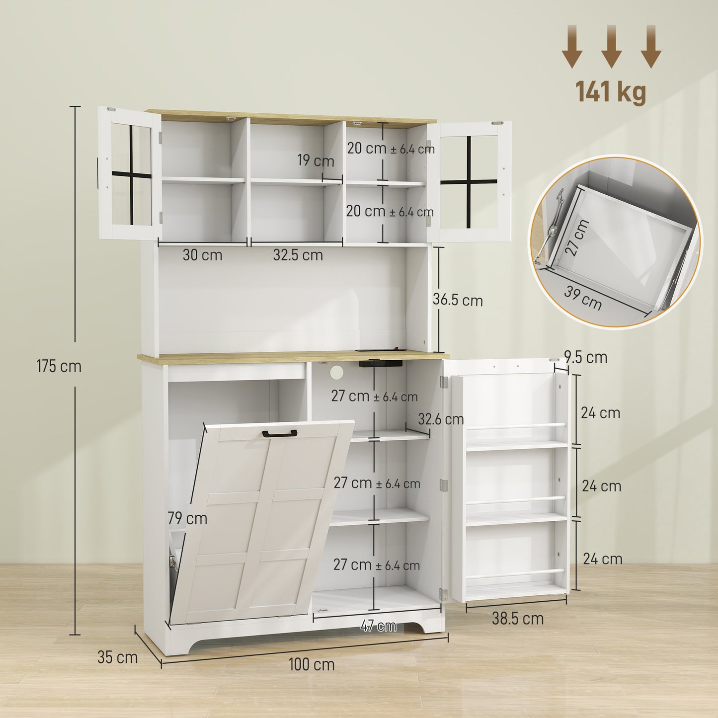 HOMCOM 175cm Tall Kitchen Cabinet With Rubbish Bin Cabinet 3 Door Shelves And 2 Acrylic Doors White
