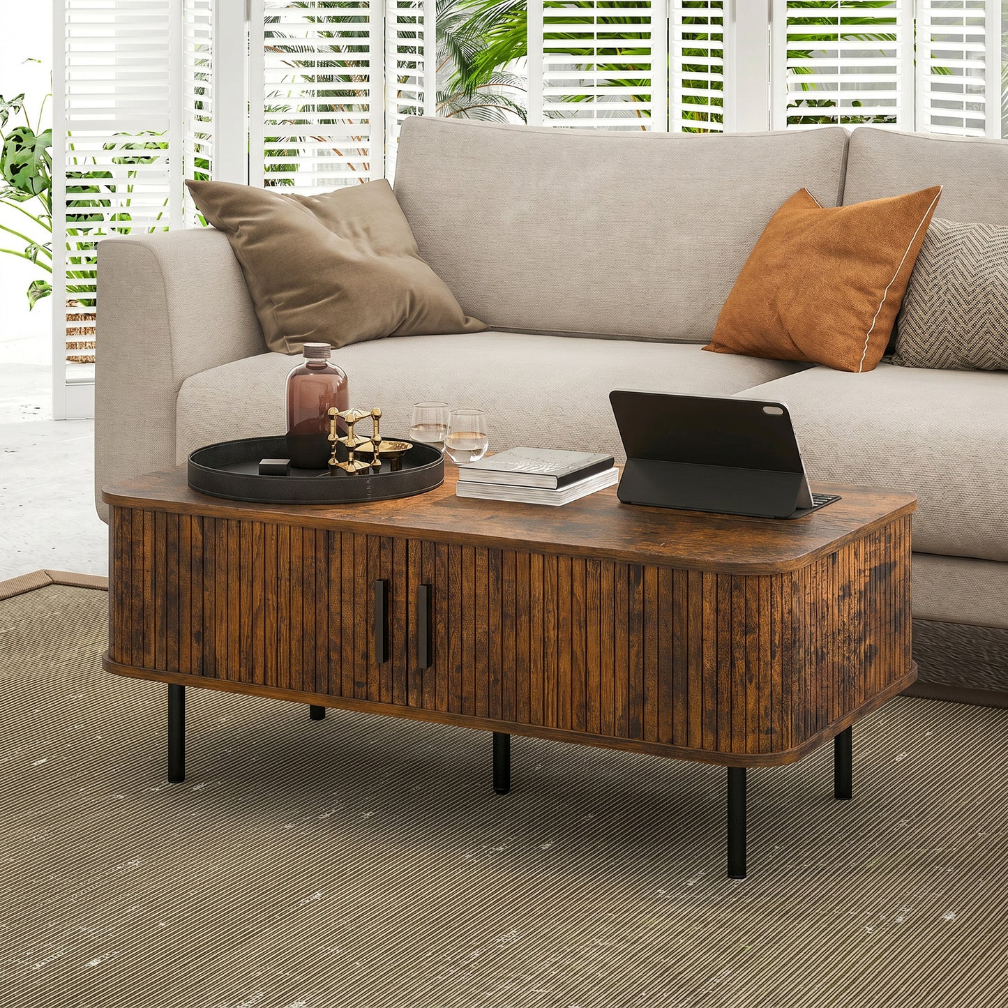 HOMCOM Coffee Table With Storage Slatted Tambour Sliding Doors Elevated Base Rustic Brown For Living Room