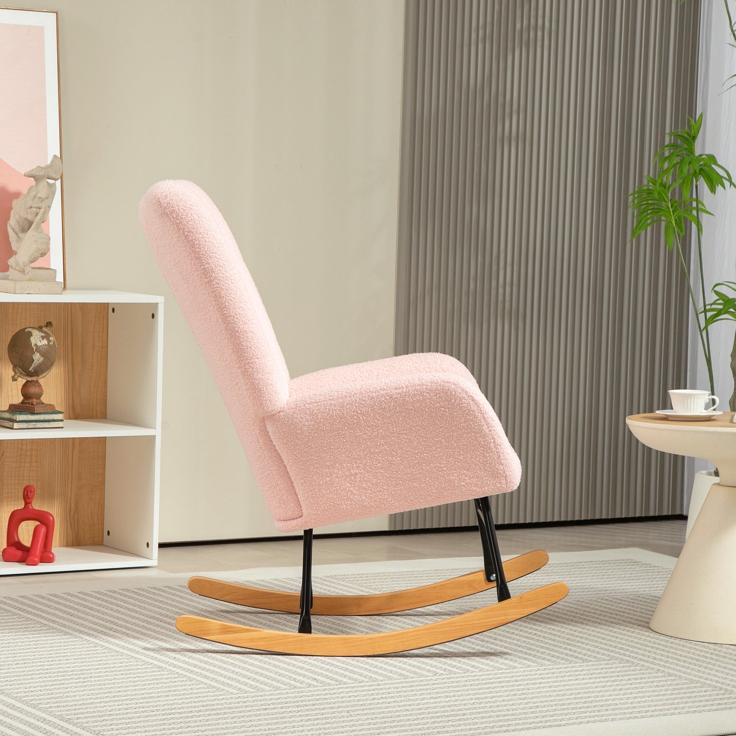 HOMCOM Teddy Fleece Rocking Chair Pink With Wood Feet Plush Upholstery For Comfort