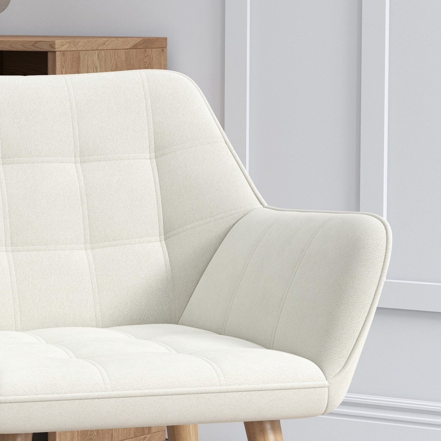 Set of 2 Accent Armchairs With Slanted Back and Thick Padding in Cream White Upholstery Rubberwood Legs