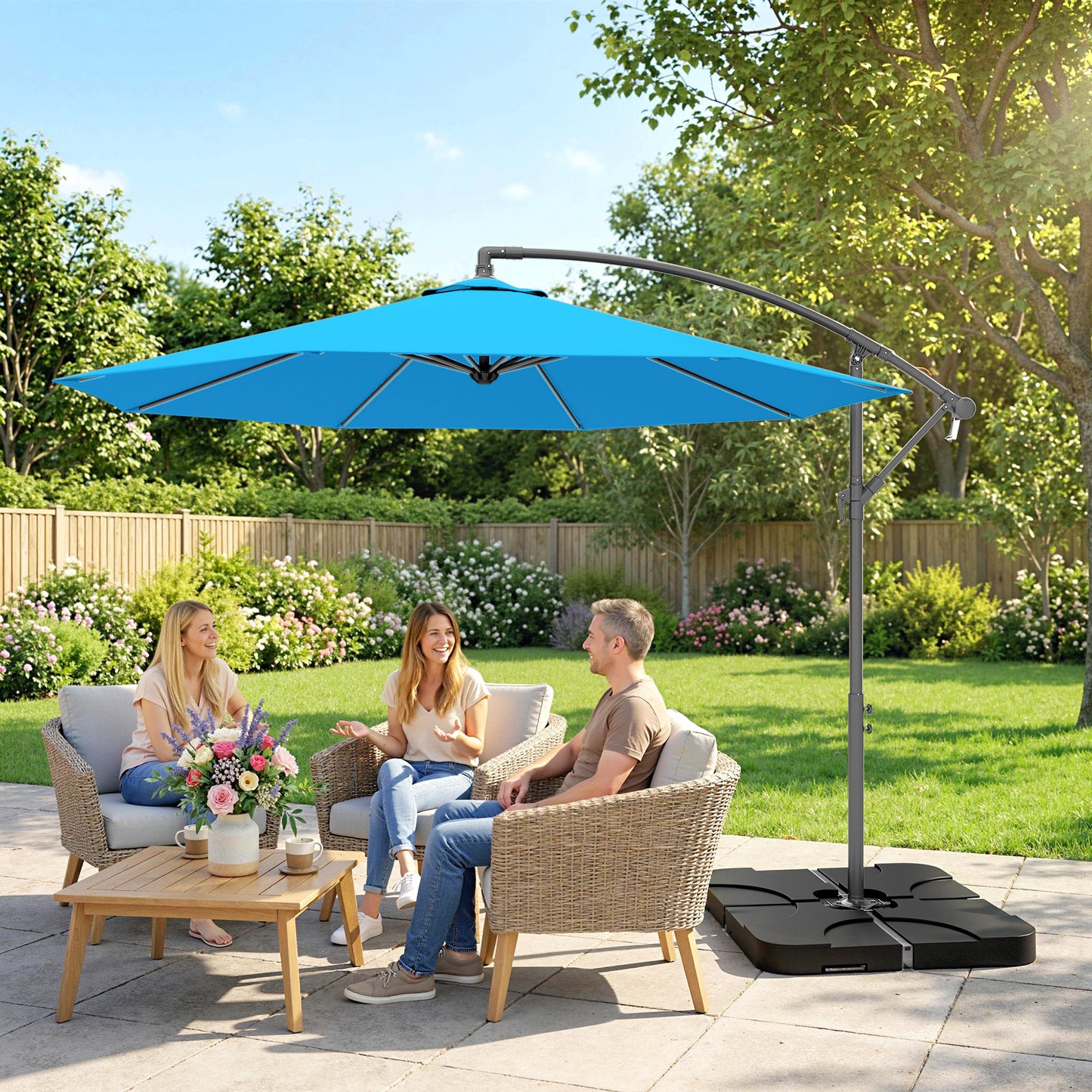 Outsunny 3m Overhanging Cantilever Parasol With Base Weights And Cover Blue For Outdoor Patio And Garden