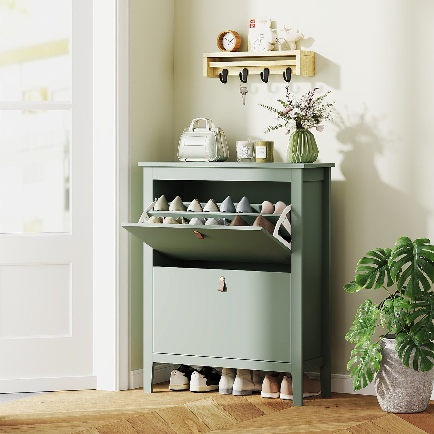 HOMCOM Modern Two Drawer Shoe Cabinet Green Slim Narrow Storage For 14 Pairs UK Men Size 9.5