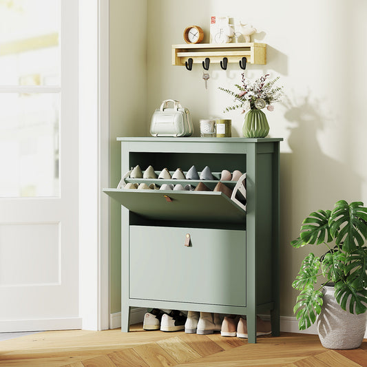 HOMCOM Modern Two Drawer Shoe Cabinet Green Slim Narrow Storage For 14 Pairs UK Men Size 9.5
