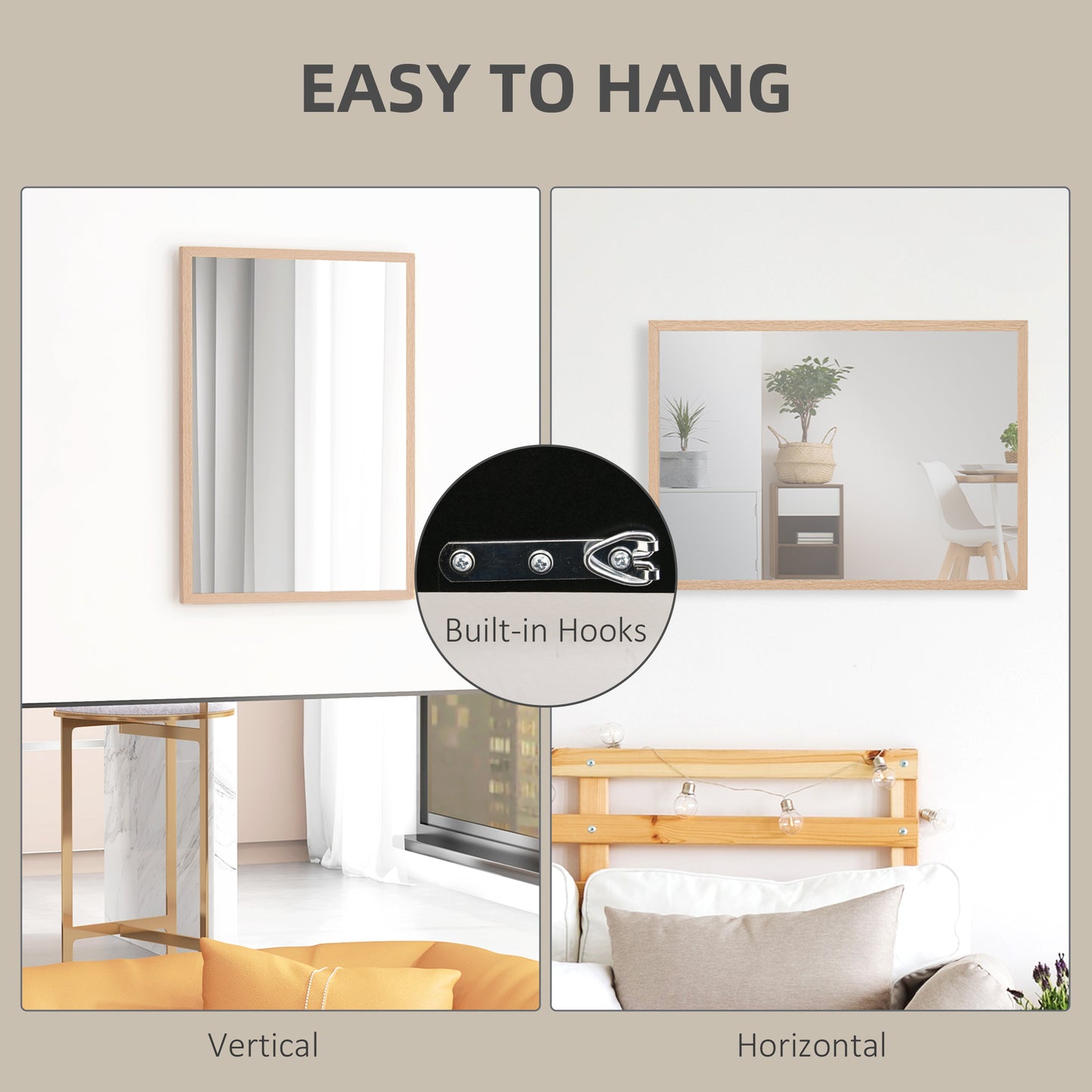 HOMCOM Wall Mounted Mirror 70 x 50 cm Natural Wood Frame For Bathroom Living Room Hallway