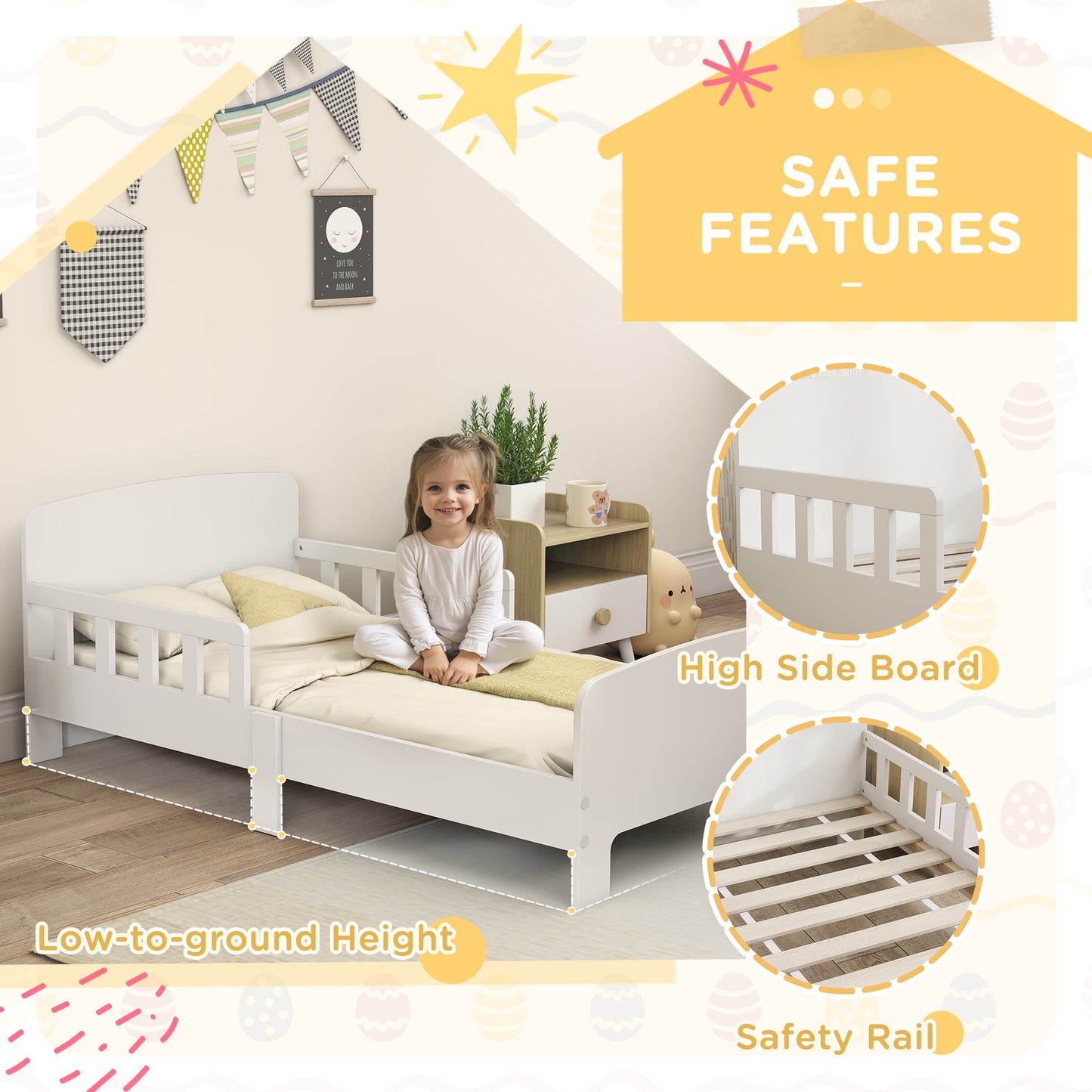 AIYAPLAY Toddler Bed for Kids with Safety Rails White Finish Low Profile Bed Frame Ages 3 to 8