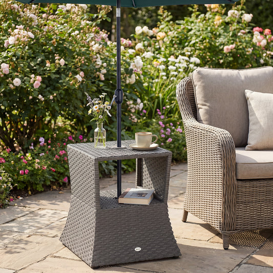 Outsunny Rattan Outdoor Coffee Table Wicker Patio Bistro Side Table With Umbrella Hole And Storage Space Dark Grey