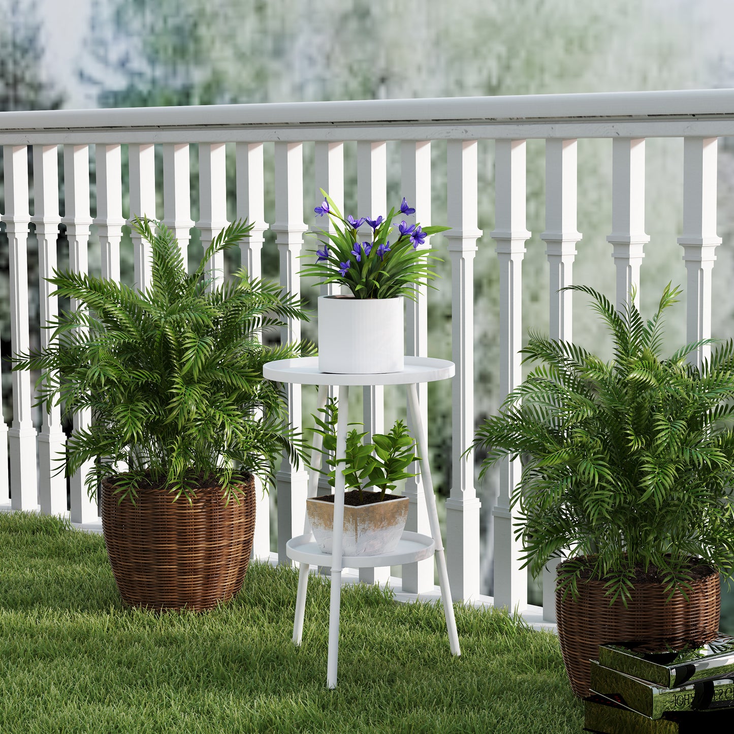 Outsunny White Two Tier Metal Garden Table For Indoor And Outdoor Use Weather Resistant Round Bistro