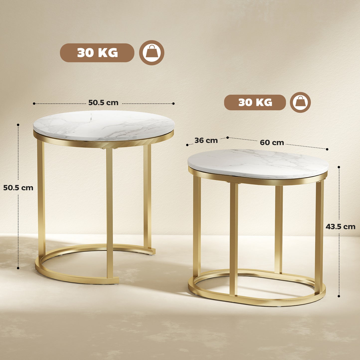 HOMCOM Nest Of Tables With Steel Frame And Faux Marble Tabletops, Modern Coffee Table Set Of 2, Gold Tone And White