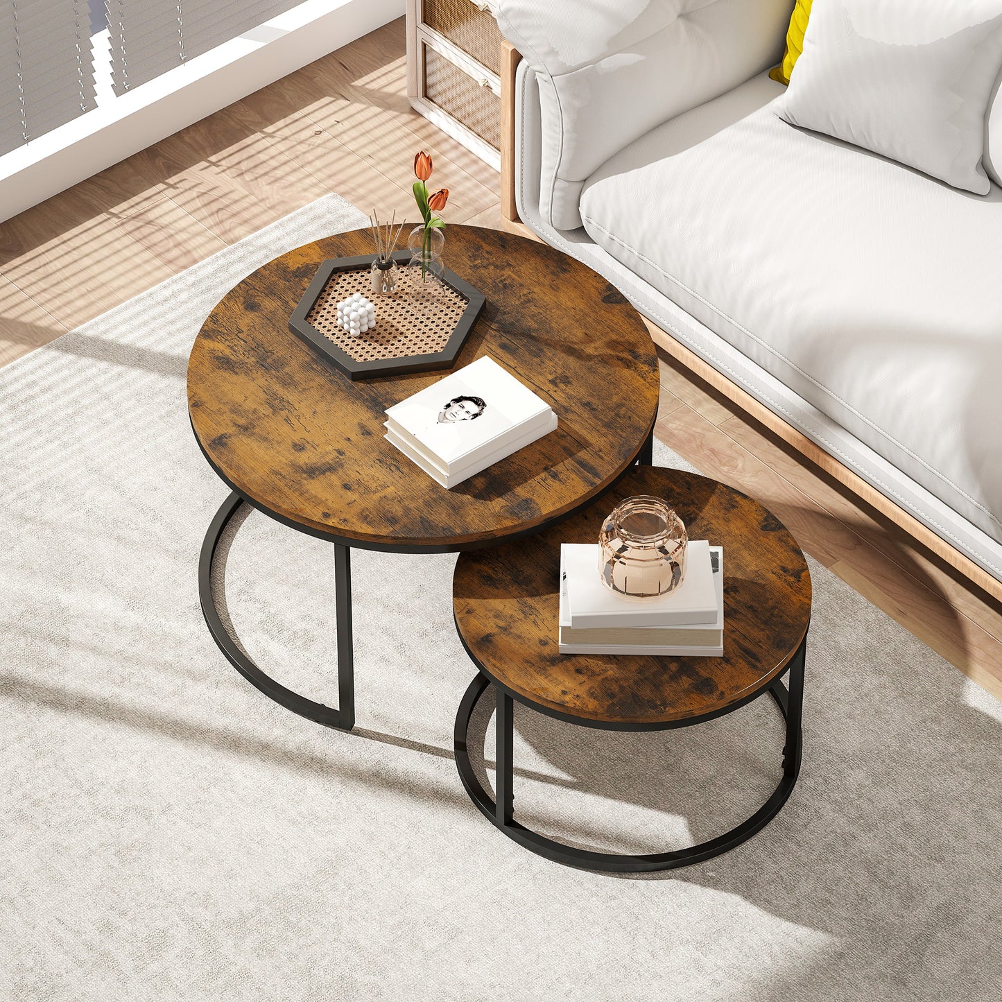 HOMCOM Set of Two Wood Effect Stacking Tables Rustic Brown Small and Large Overlapping Side Tables for Space Saving