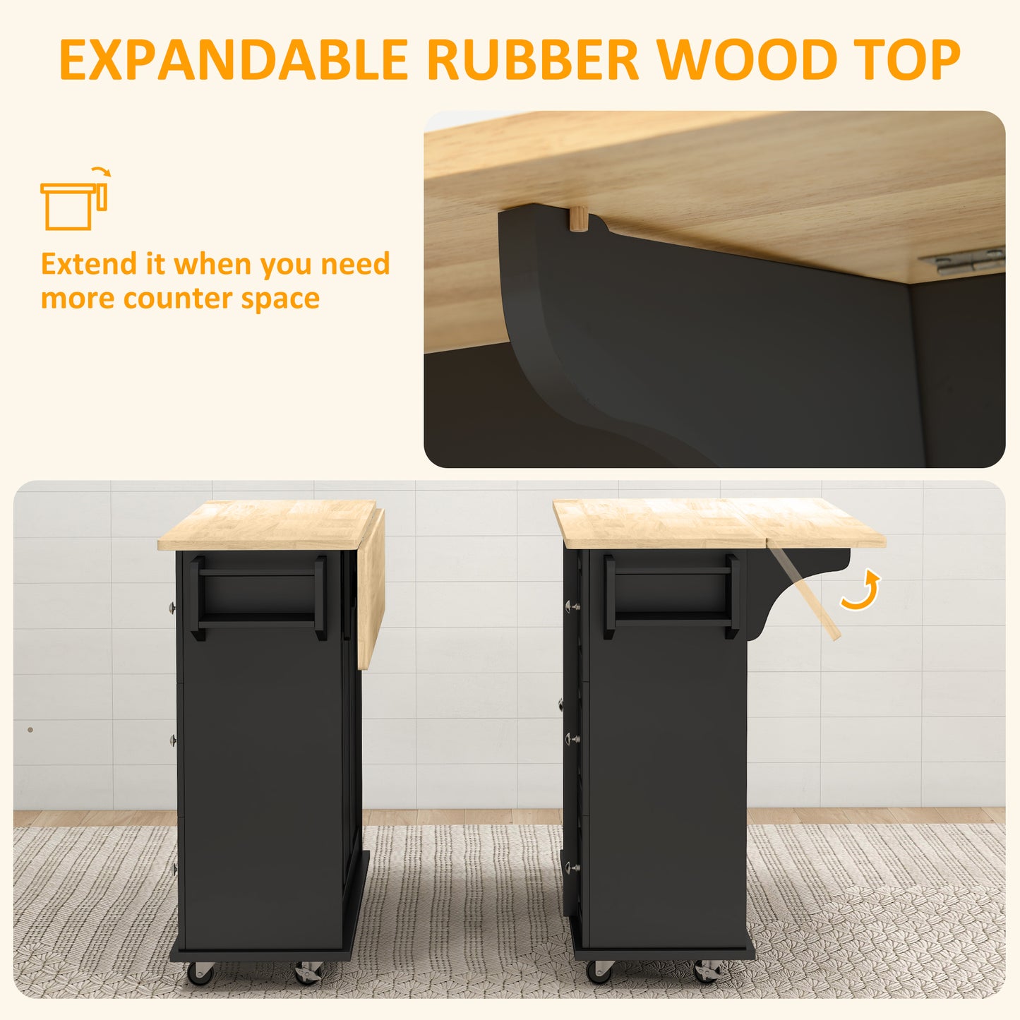 HOMCOM Kitchen Island On Wheels With Drop Leaf Black Rubberwood Top Rolling Storage Trolley Featuring 3 Drawers