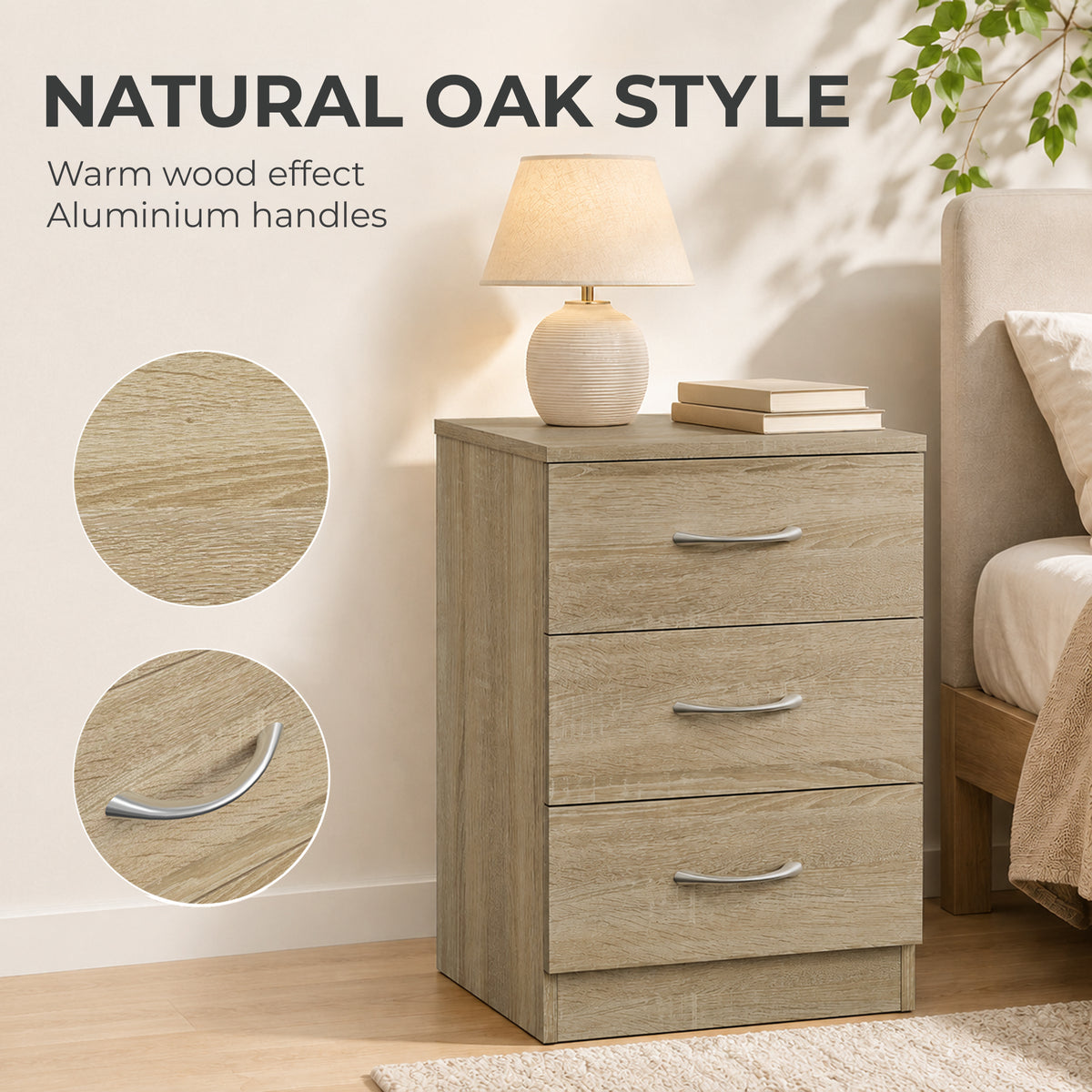 HOMCOM Oak Three Drawer Bedside Table Nightstand with Storage