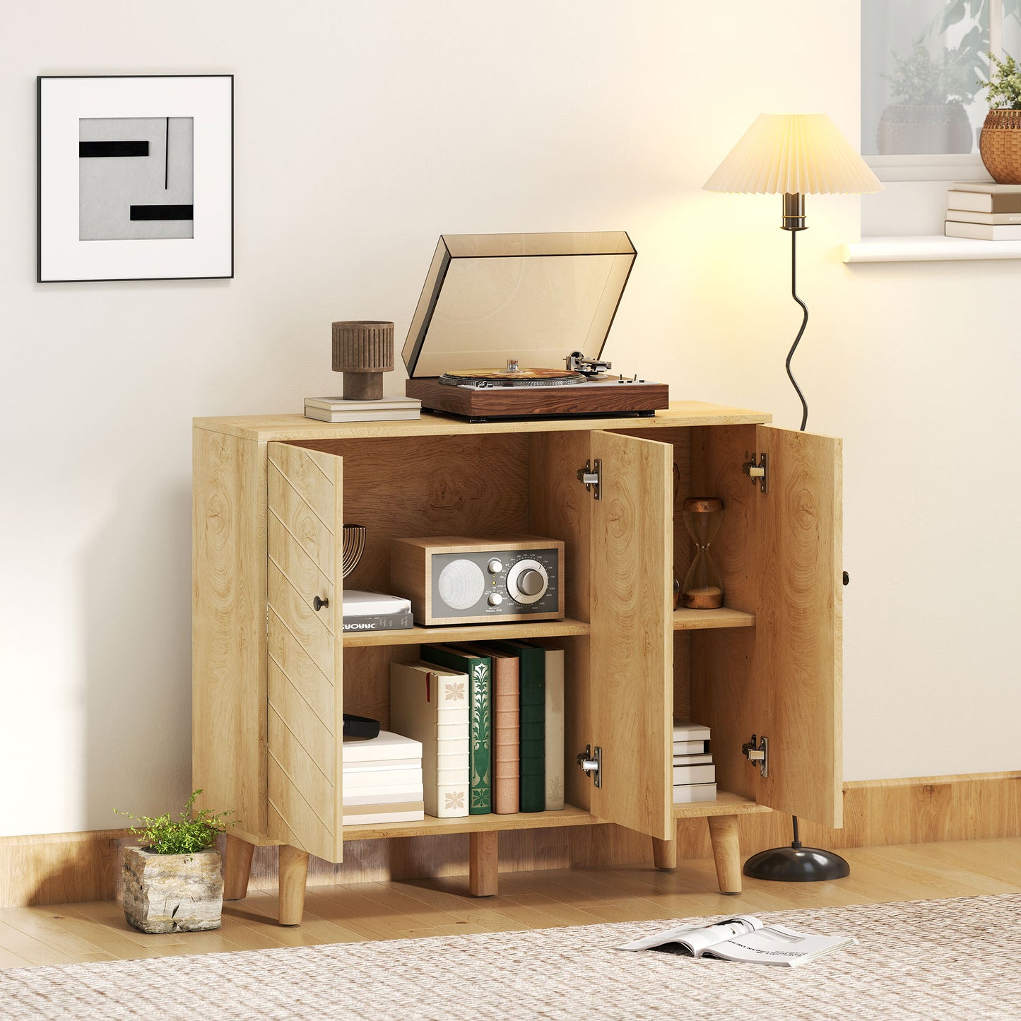 HOMCOM Vintage Sideboard With Chevron Doors And Pine Wood Legs For Living Room And Kitchen
