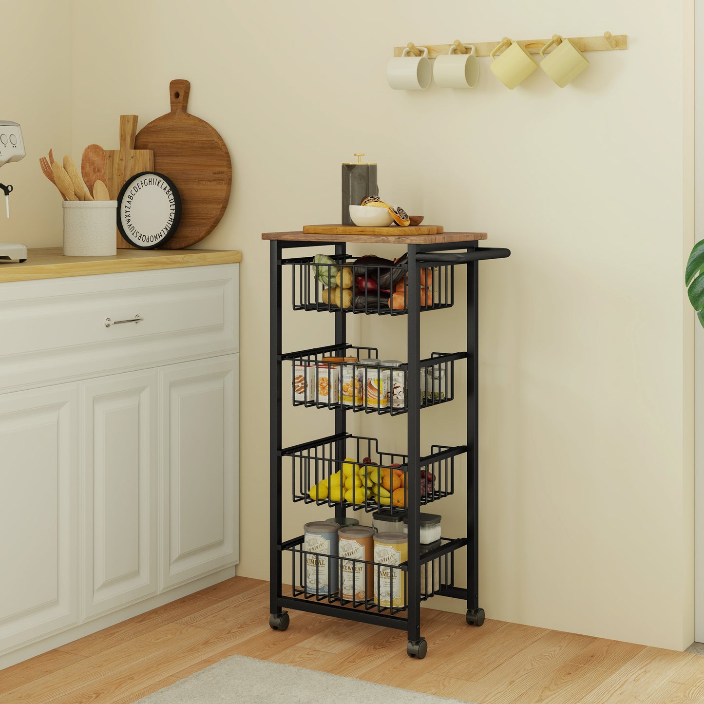 Homcom Four Basket Mobile Kitchen Island With Brakes Oak And Black Top For Extra Counter Space Kitchen Organization