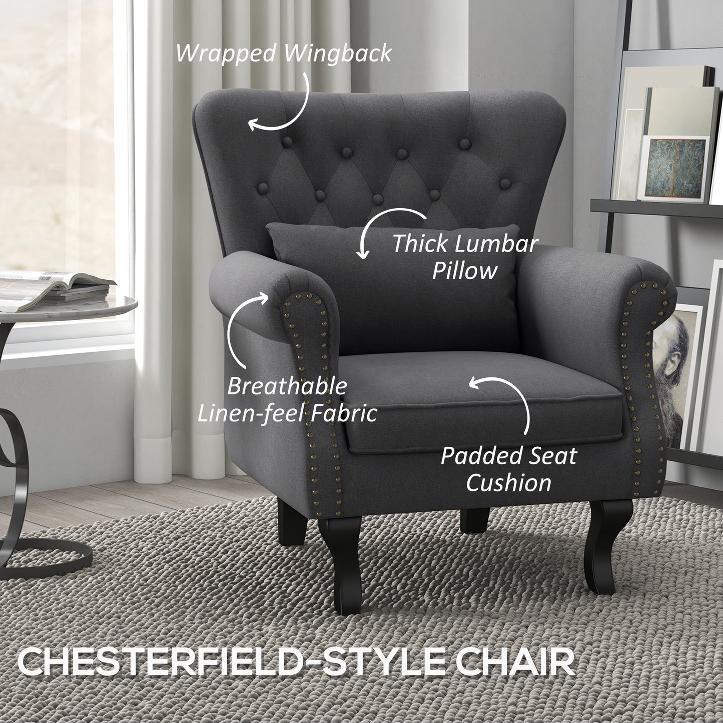 HOMCOM Chic Dark Grey Chesterfield Wingback Accent Chair with Tufted Upholstery and Lumbar Pillow - ALL4U RETAILER LTD