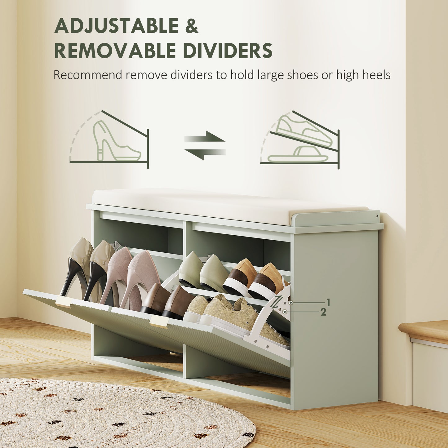 HOMCOM Green Elegant Ten Shoe Bench With Top Seat And Flip Drawer For Entryway Storage 240 Kg Capacity