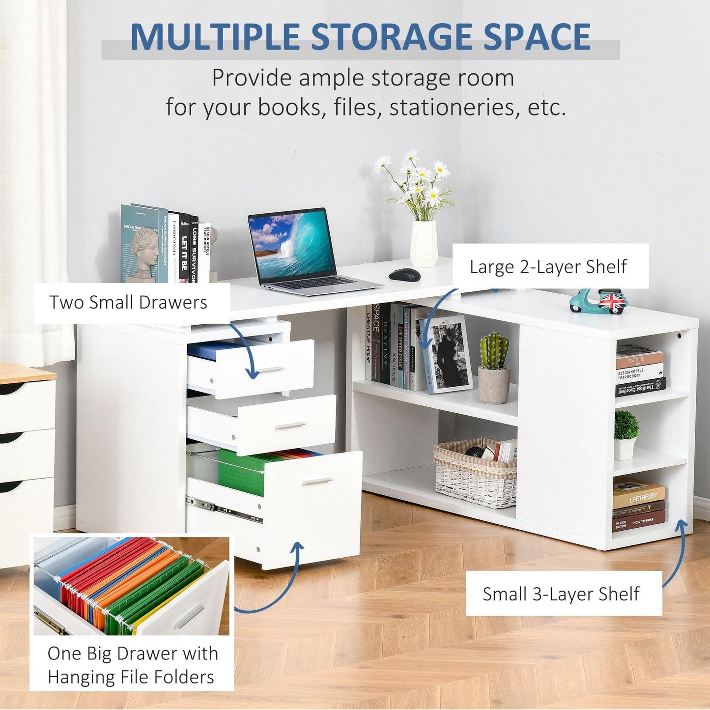 HOMCOM White L-Shaped Computer Desk with Storage Shelves and Drawers - ALL4U RETAILER LTD