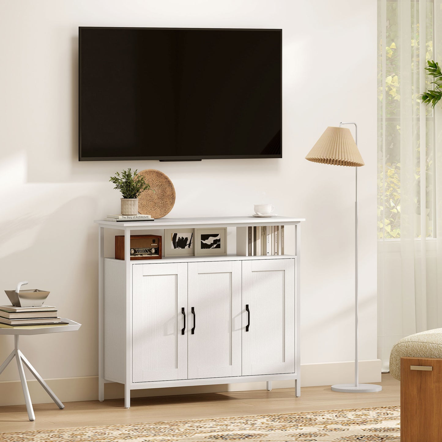 HOMCOM Industrial Kitchen Sideboard With Open Shelf And Two Cabinets, Adjustable Shelves Living Room Dining Room White
