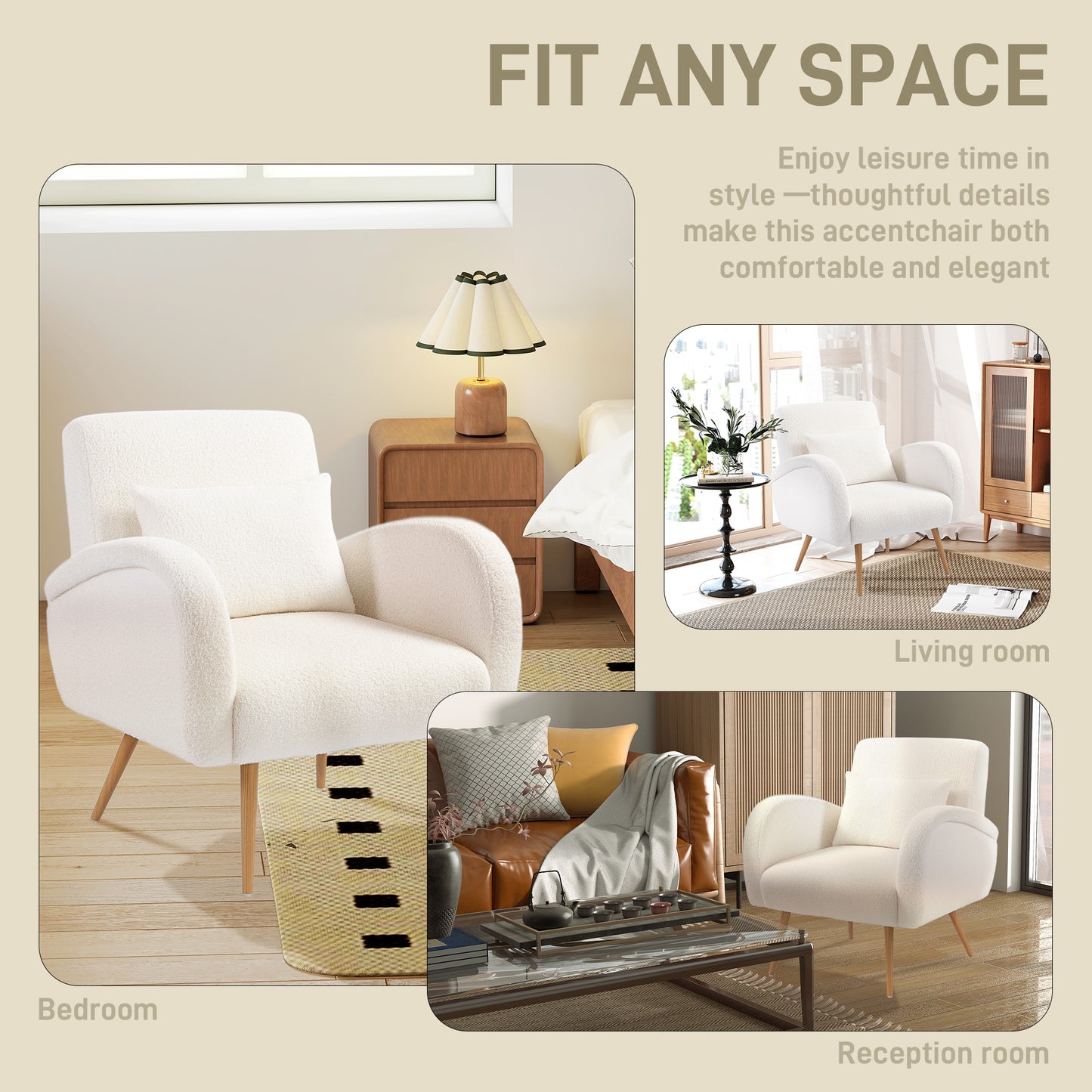 HOMCOM Teddy Fleece Accent Chair Cream White With High Resilience Foam And Removable Washable Lumbar Cushion