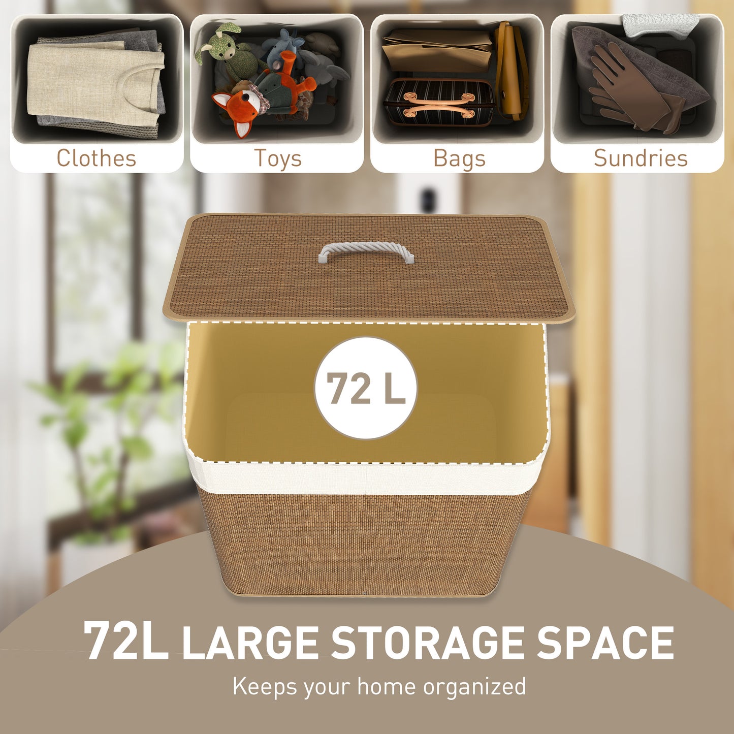 HOMCOM Bamboo Laundry Basket With Lid 72L Hamper With Rope Handles And Removable Liner Bag Brown