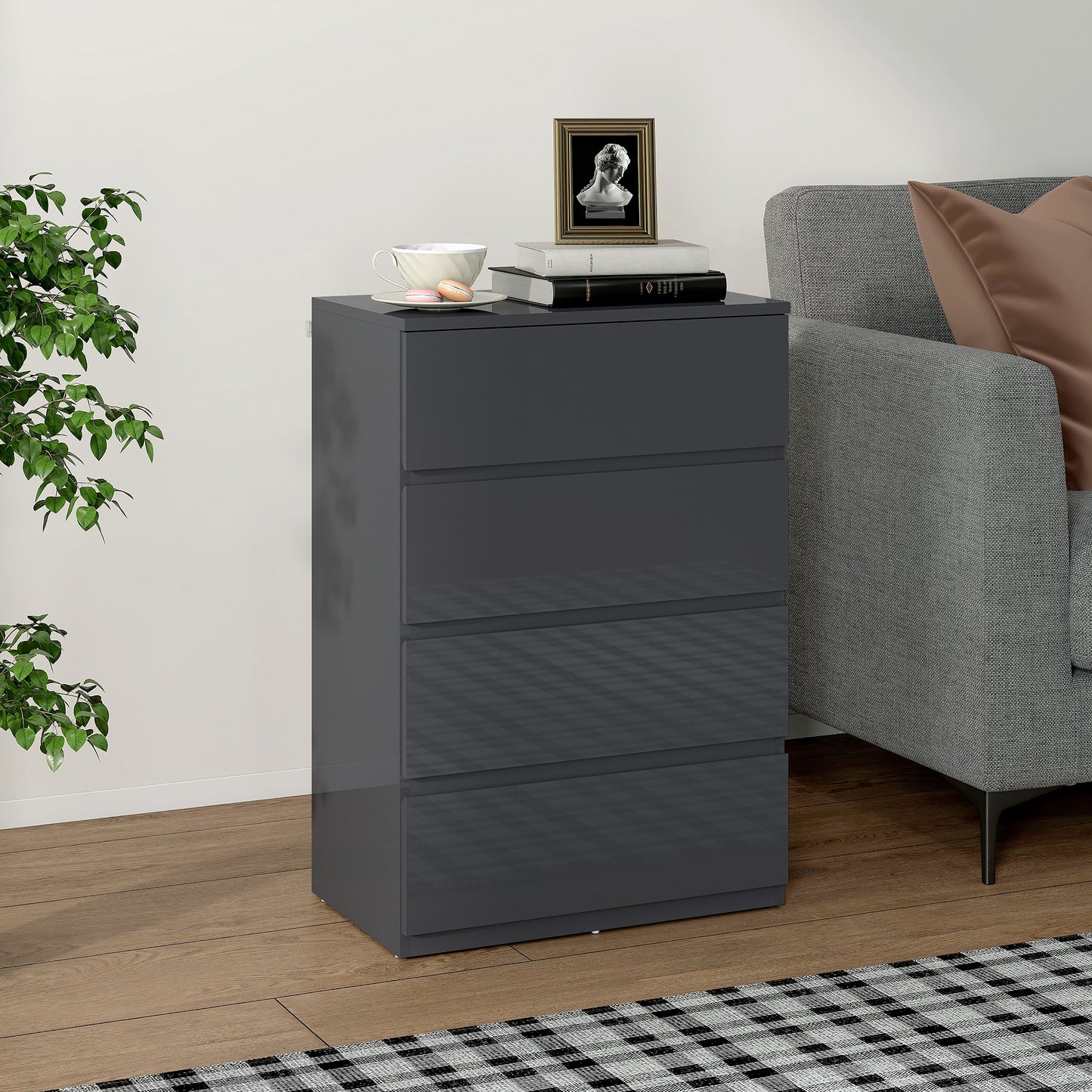 HOMCOM High Gloss Chest Of Drawers 4 Drawer Storage Cabinet Modern Bedroom Dresser Grey