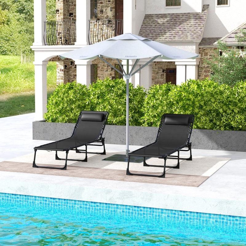 Outsunny 2 Pcs Folding Sun Lounger - Beach Chaise Chair Garden Cot Camping Recliner with 4 Position Adjustable - Black - ALL4U RETAILER LTD