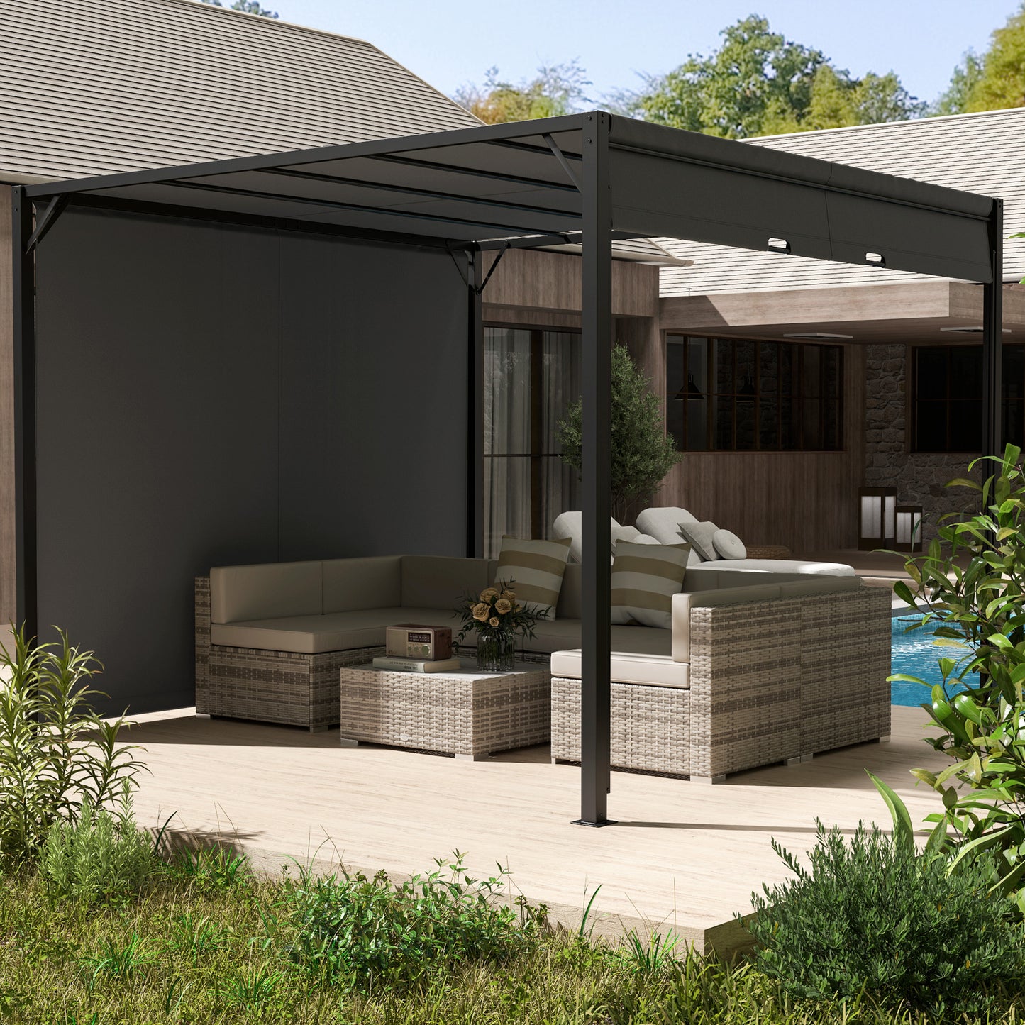 Outsunny 3x3m Pergola With Sliding Roof Garden Gazebo Steel Frame Charcoal Grey Canopy