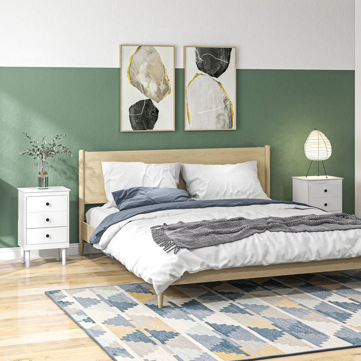 HOMCOM White Set Of Two Three Drawer Bedside Tables With Black Handles For Nightstand Storage