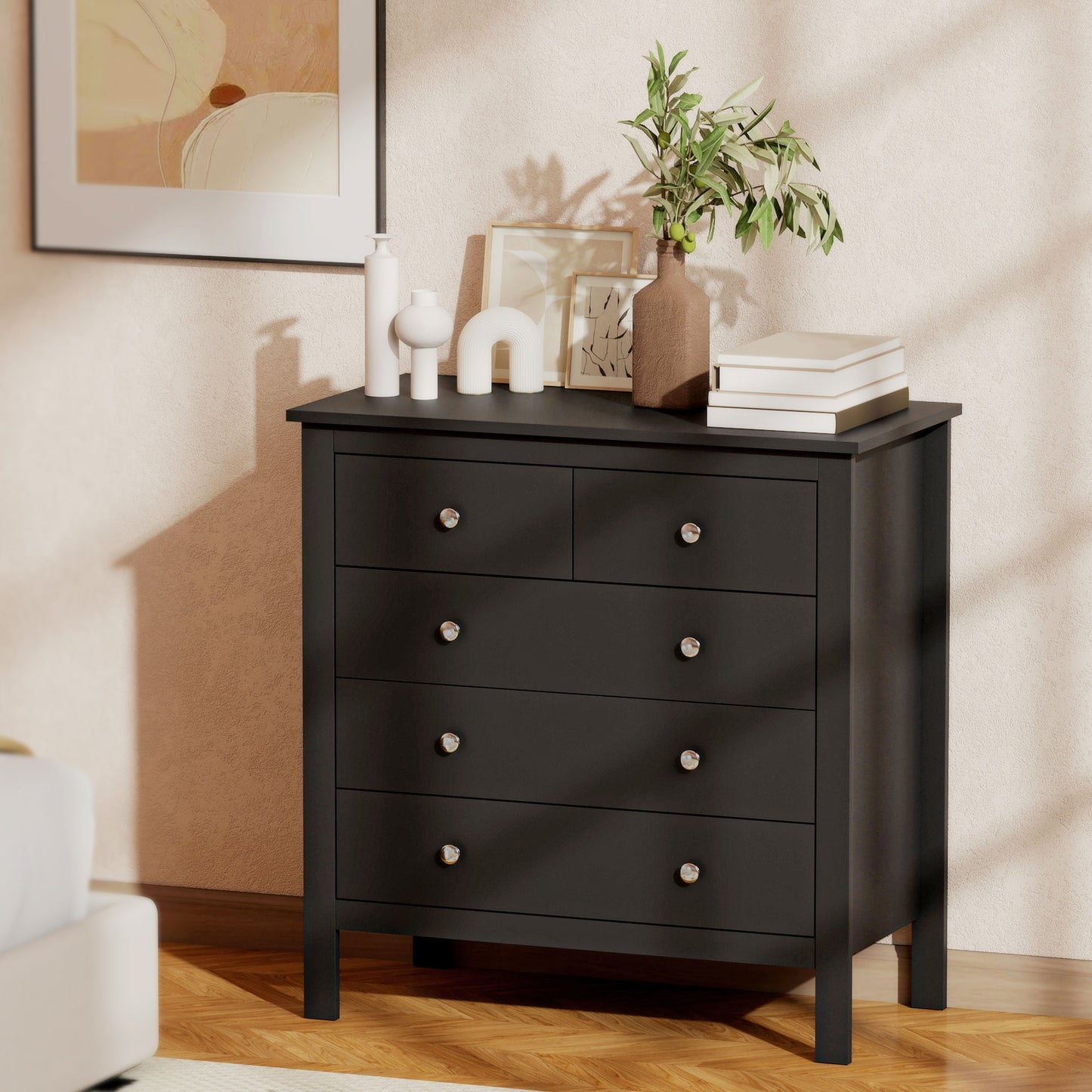 HOMCOM Five Drawer Dresser Chest of Drawers in Black for Bedroom Living Room Hallway with Round Knobs