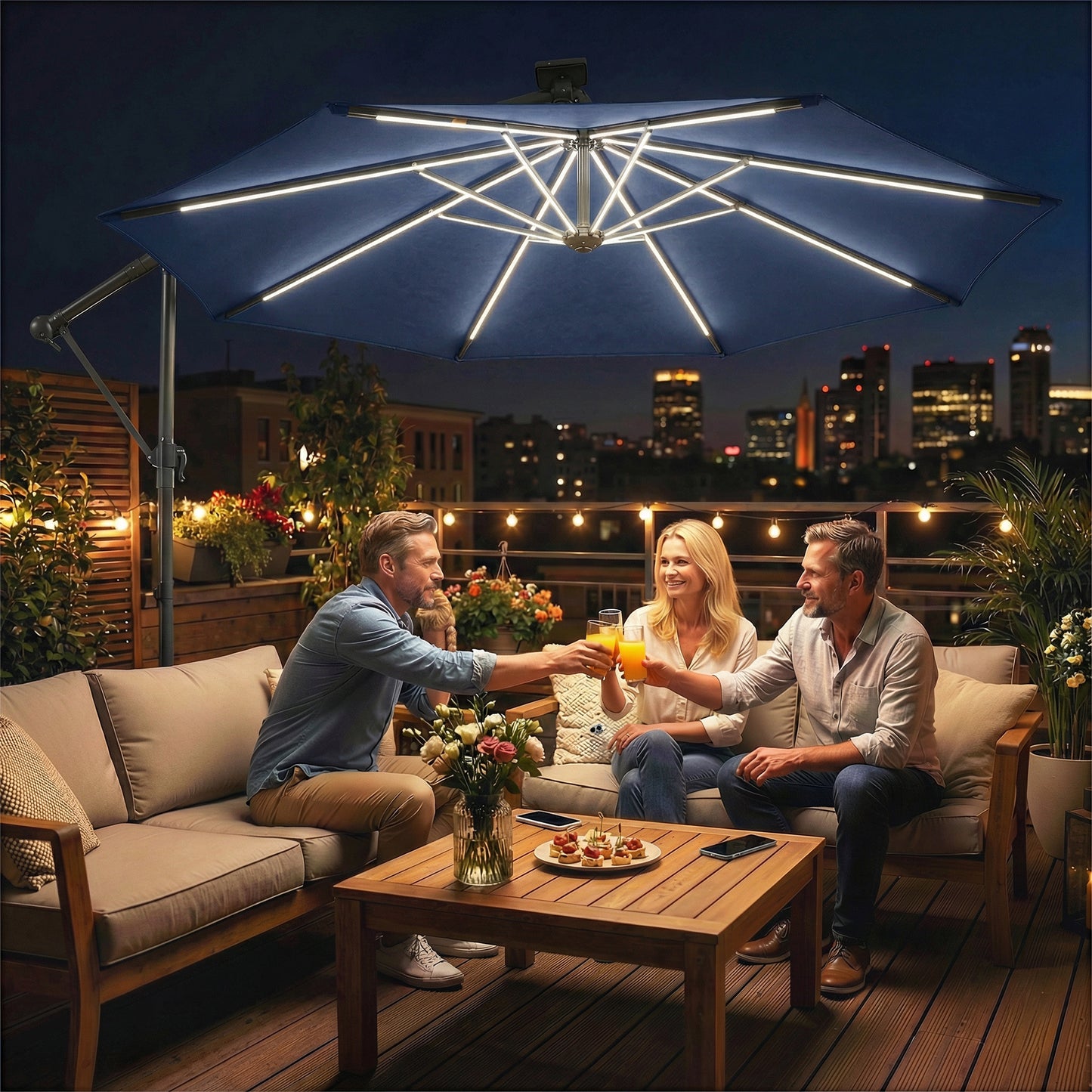 Outsunny Three Meter Garden Cantilever Parasol With LED Solar Light, Round Umbrella With 360 Degree Rotation, Navy Blue