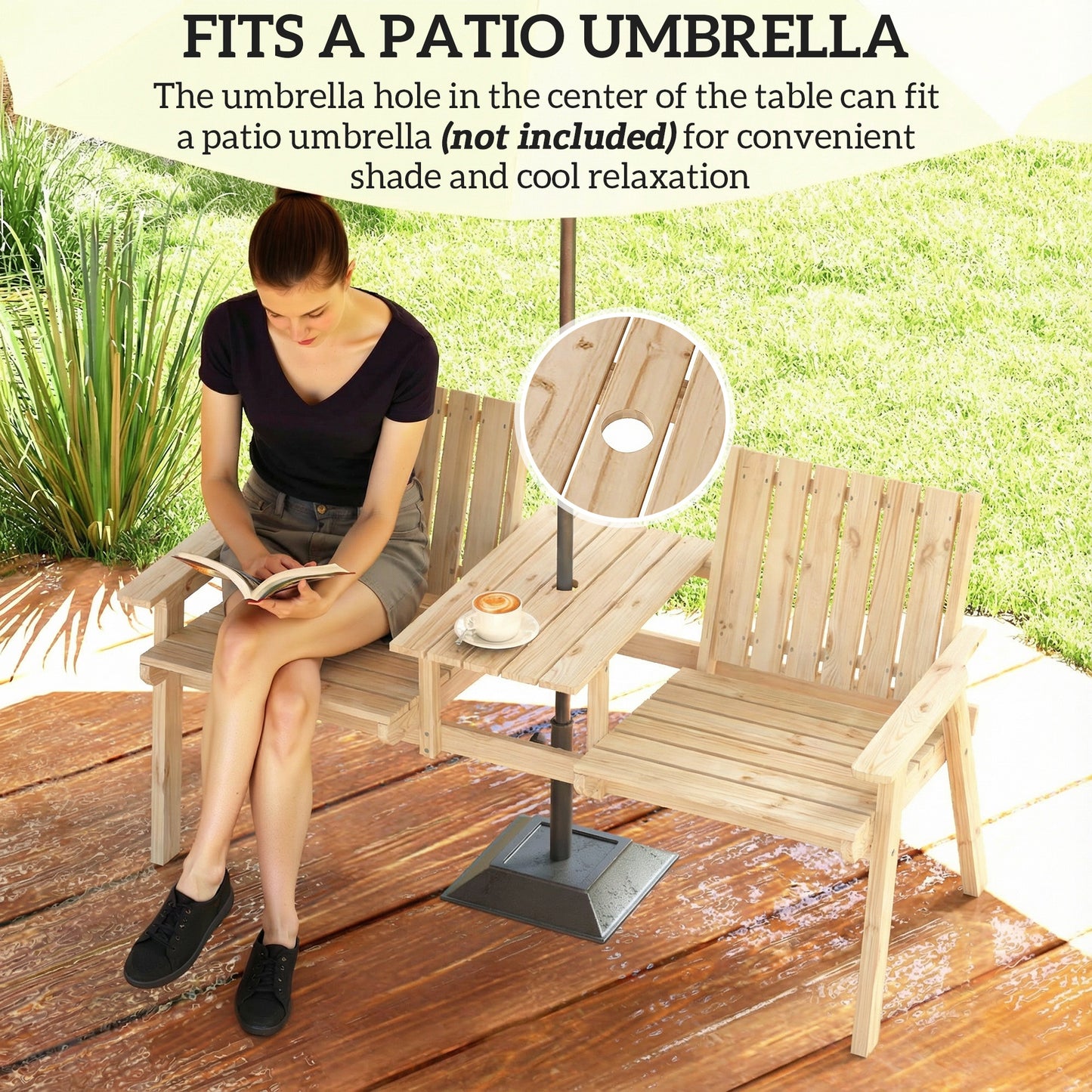Outsunny 2 Seater Outdoor Garden Loveseat With Table And Parasol Hole In Natural Fir Wood Finish