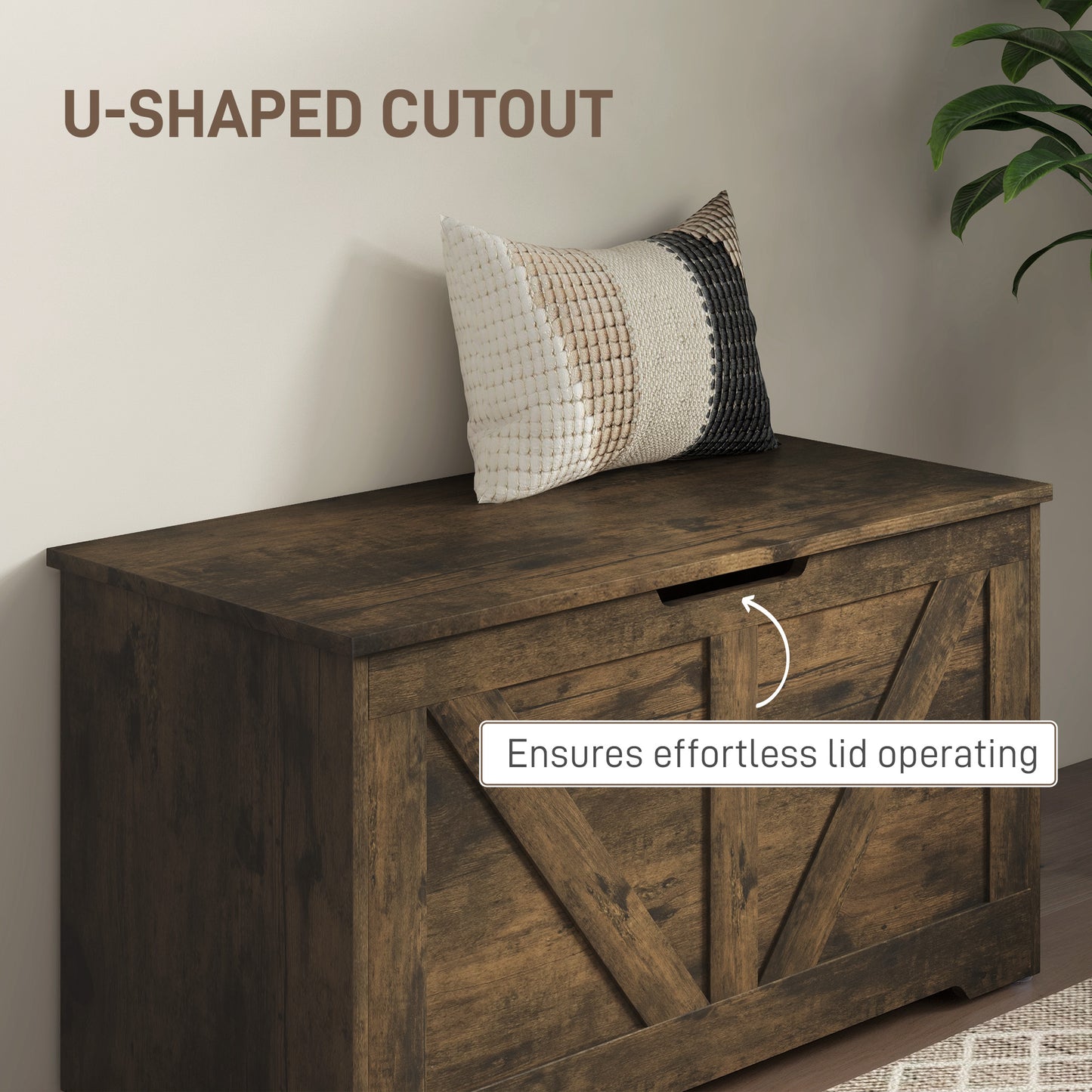 HOMCOM 100L Rustic Brown Storage Ottoman With Safety Hinges And Flat Lid For Seating