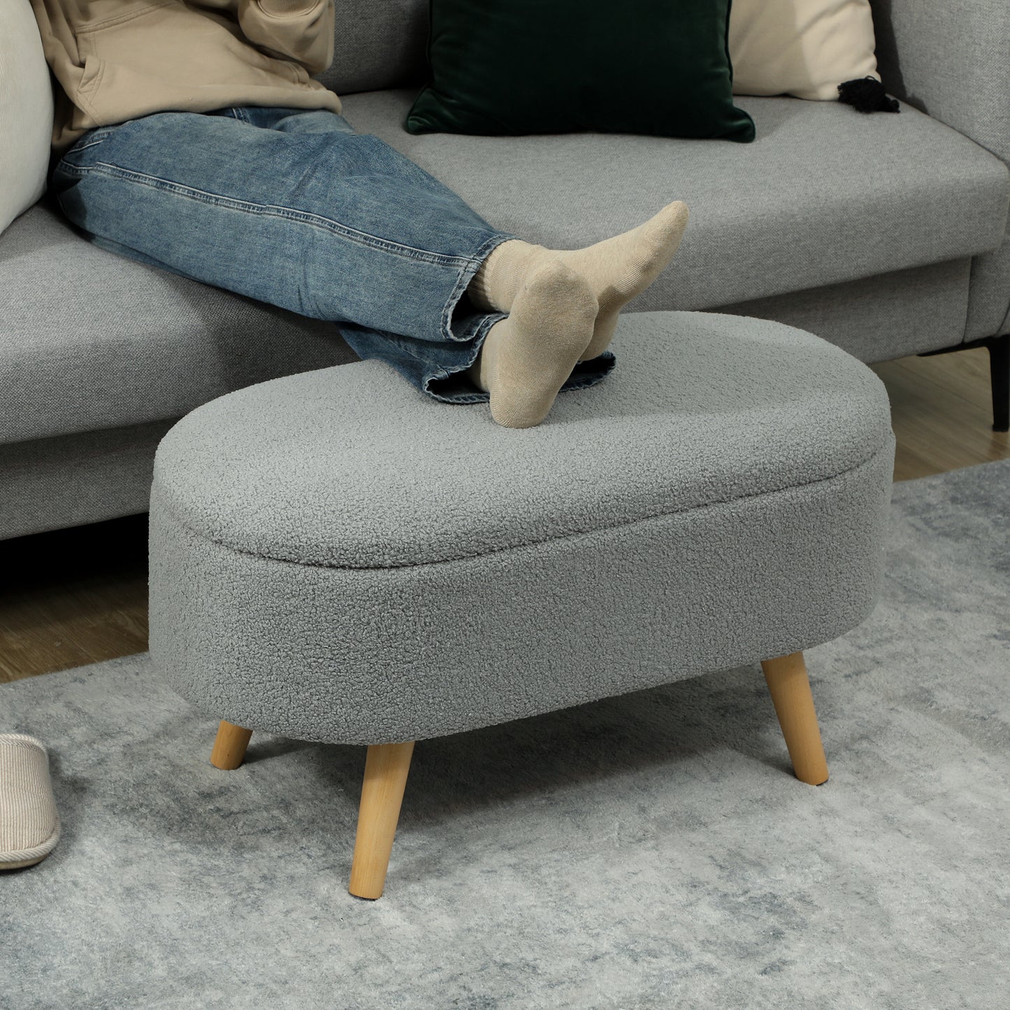 HOMCOM Teddy Fleece Storage Ottoman Grey With Inner Storage Space 72 x 32 cm Padded Seat And Pine Wood Legs