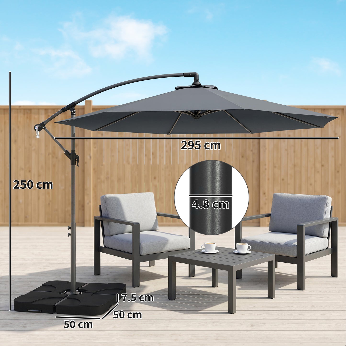 Outsunny 3m Overhanging Cantilever Parasol With Base Weights And Cover In Dark Grey
