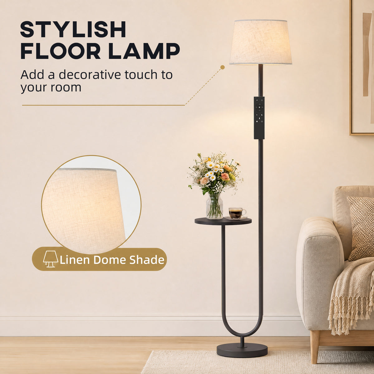 Stylish floor lamp with linen dome shade and round side shelf