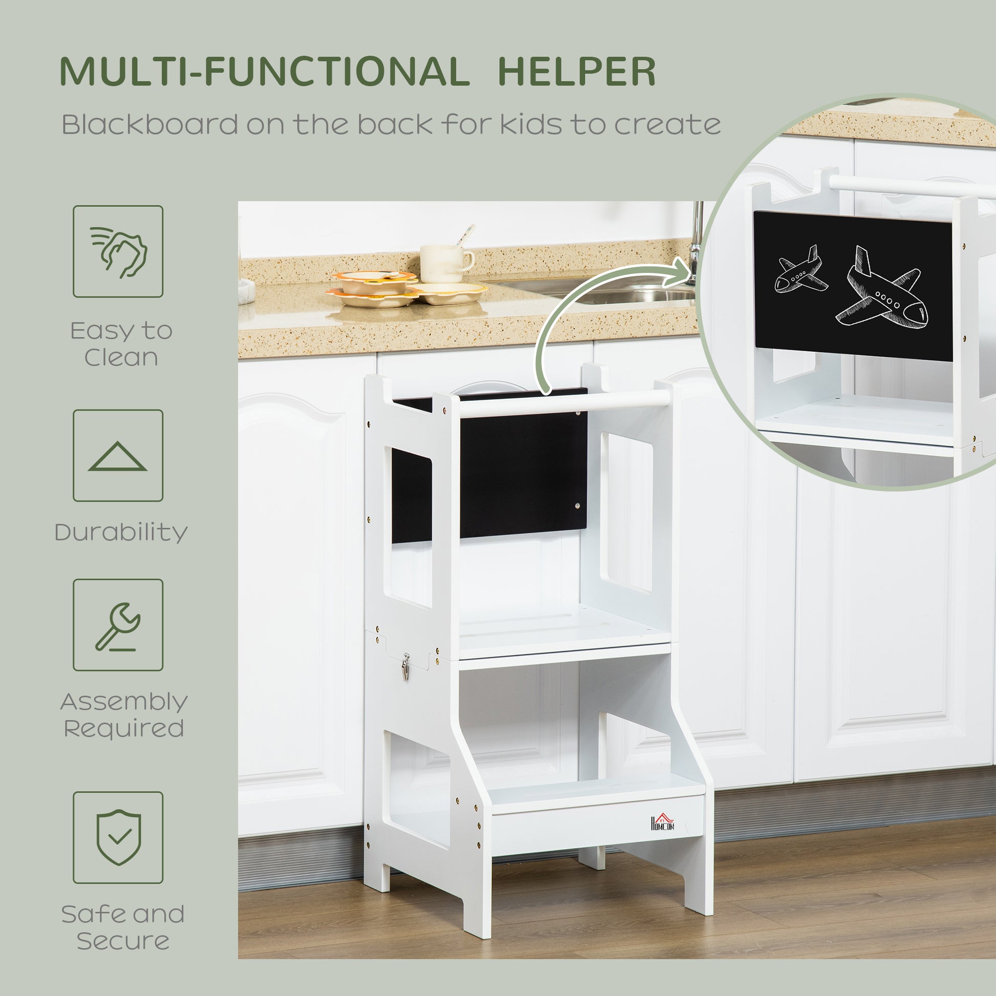 HOMCOM Versatile 2-in-1 Kids Kitchen Helper and Play Set with Chalkboard, Step Stool and Table Chair Combo, White - ALL4U RETAILER LTD