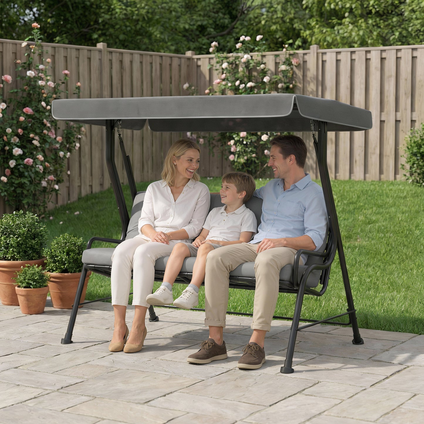 Outsunny 3 Seater Garden Swing Chair With Adjustable Waterproof Canopy Outdoor Patio Furniture Light Grey