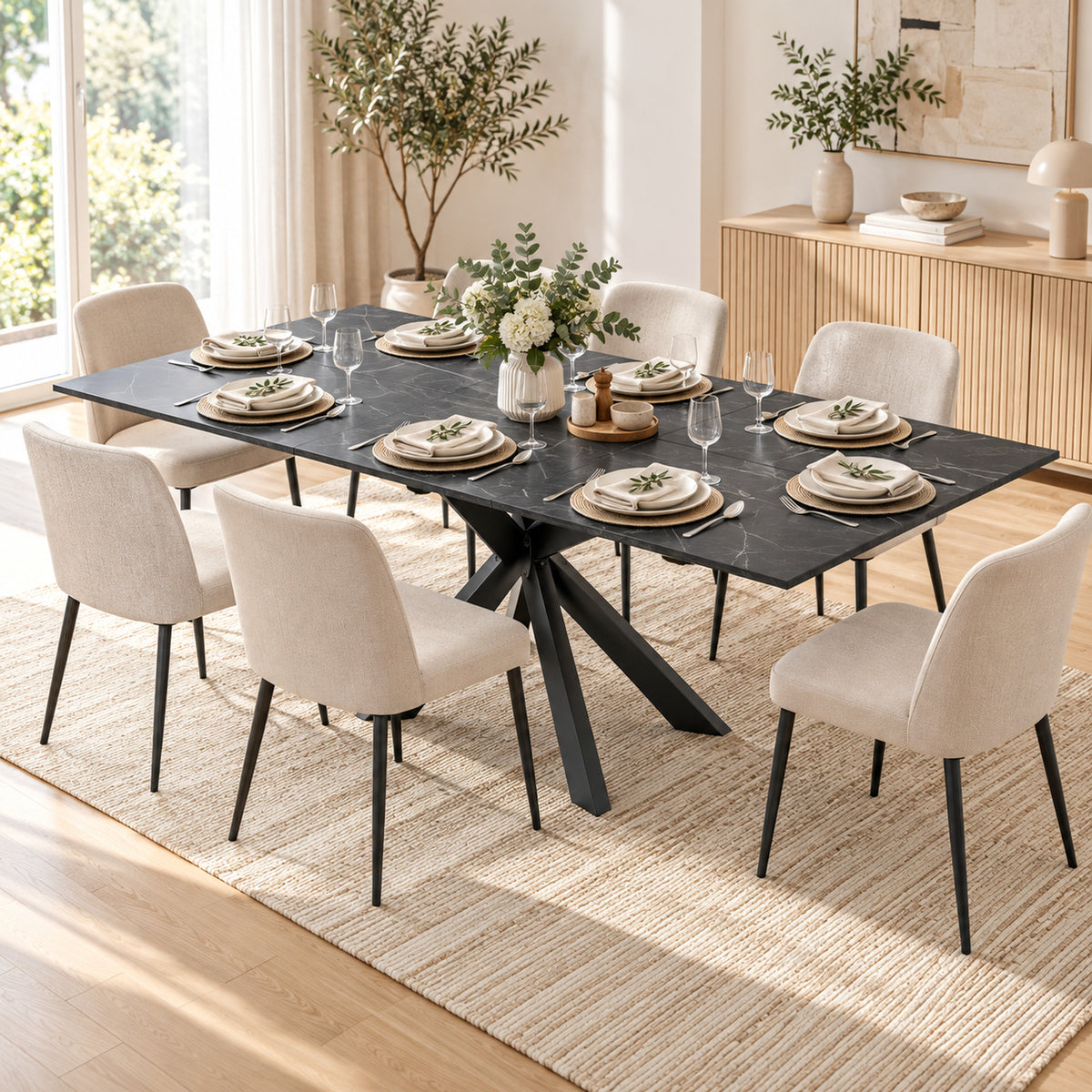 Extendable dining table with black marble-finish top and eight-place seating