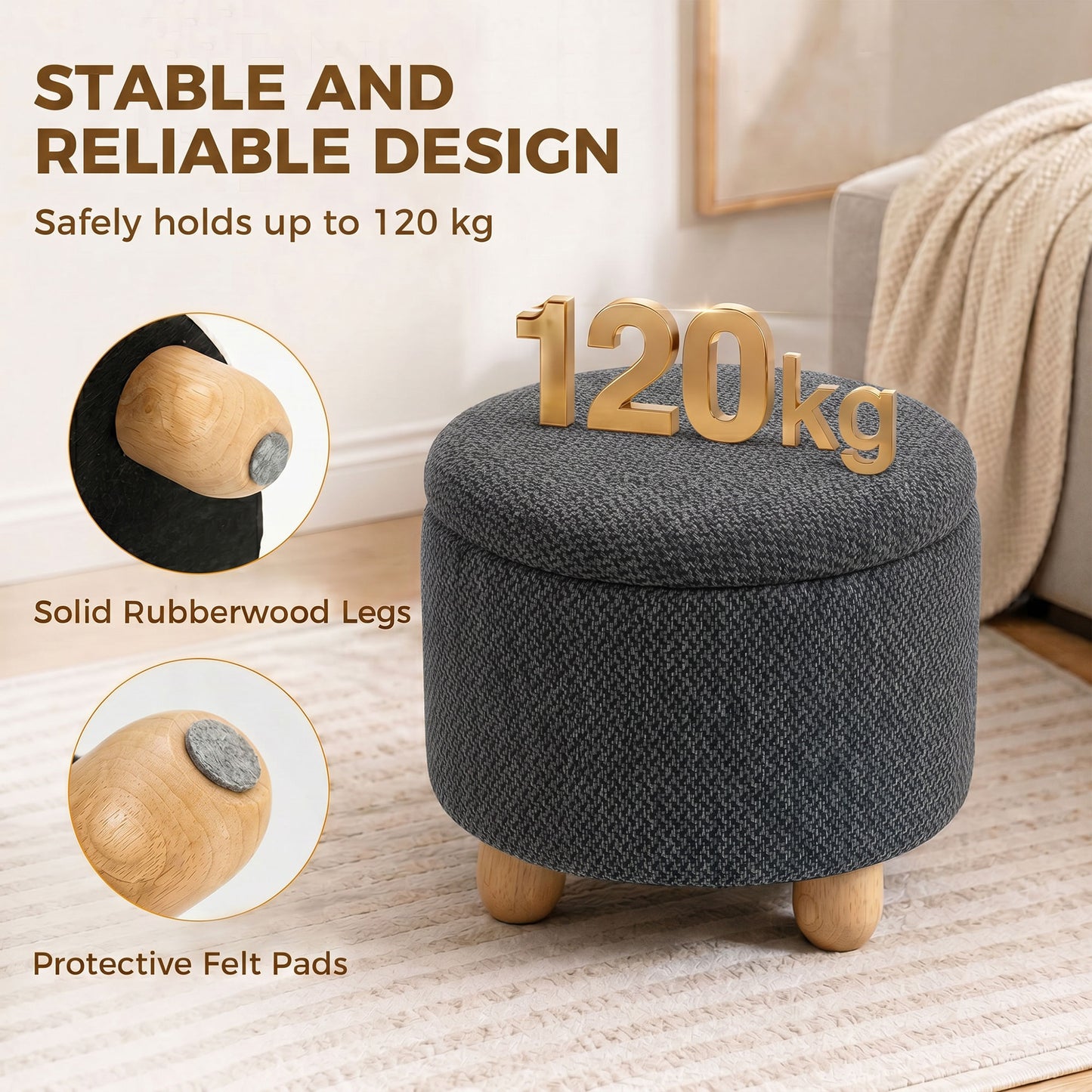 HOMCOM Round Storage Ottoman Bench With Lid And Rubberwood Legs For Living Room Dark Grey