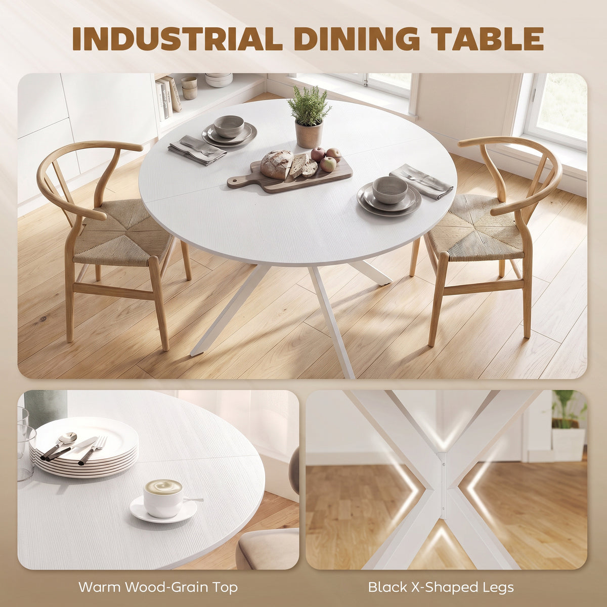 Round dining table with warm wood-grain top and black X-shaped steel legs
