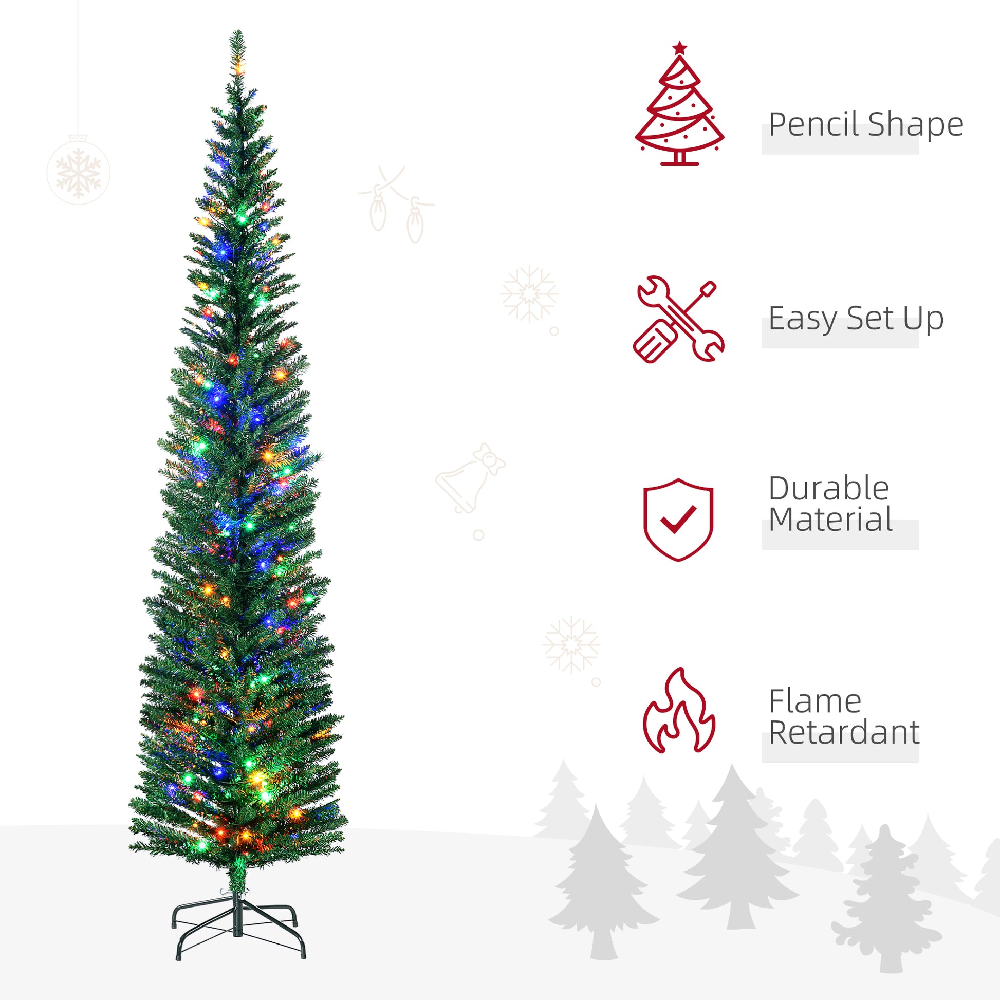 HOMCOM 7.5' LED Prelit Pencil Christmas Tree with Steel Base and Colorful Lights for Festive Decor - ALL4U RETAILER LTD