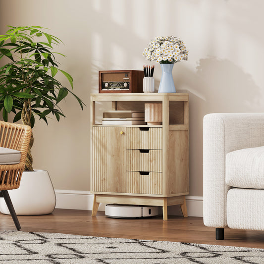 HOMCOM Small Sideboard With Drawers And Adjustable Shelf Natural Wood Finish Fluted Front Panels And Angled Legs
